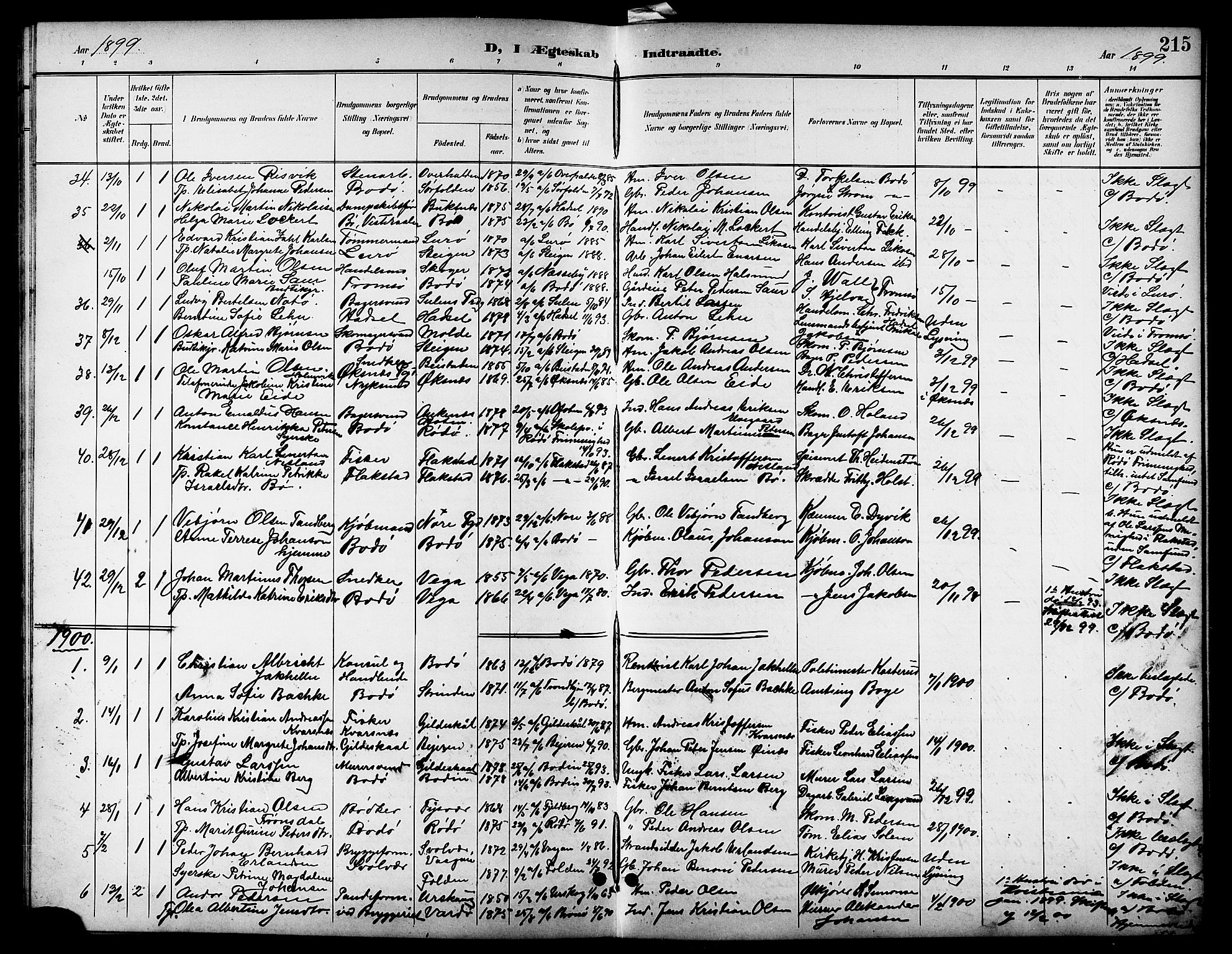 Ministerialprotokoller, klokkerbøker og fødselsregistre - Nordland, SAT/A-1459/801/L0033: Parish register (copy) no. 801C08, 1898-1910, p. 215