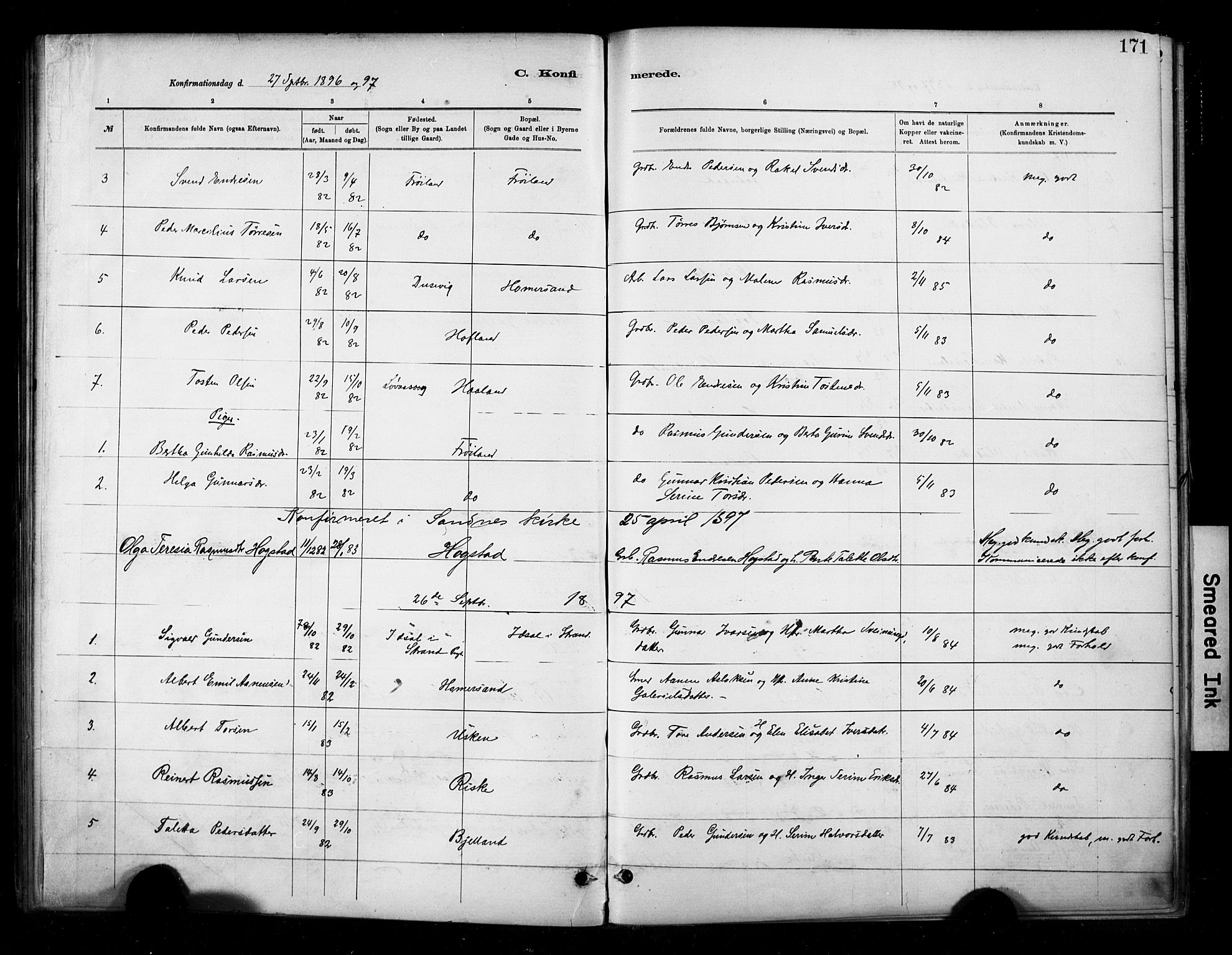 Hetland sokneprestkontor, SAST/A-101826/30/30BA/L0010: Parish register (official) no. A 10, 1882-1925, p. 171