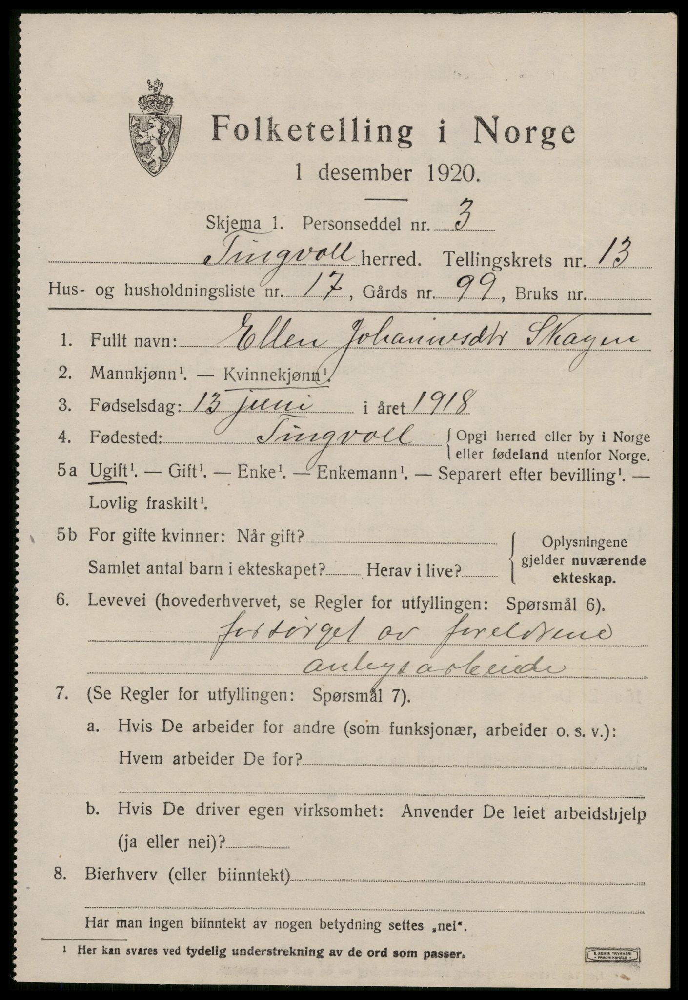 SAT, 1920 census for Tingvoll, 1920, p. 6974