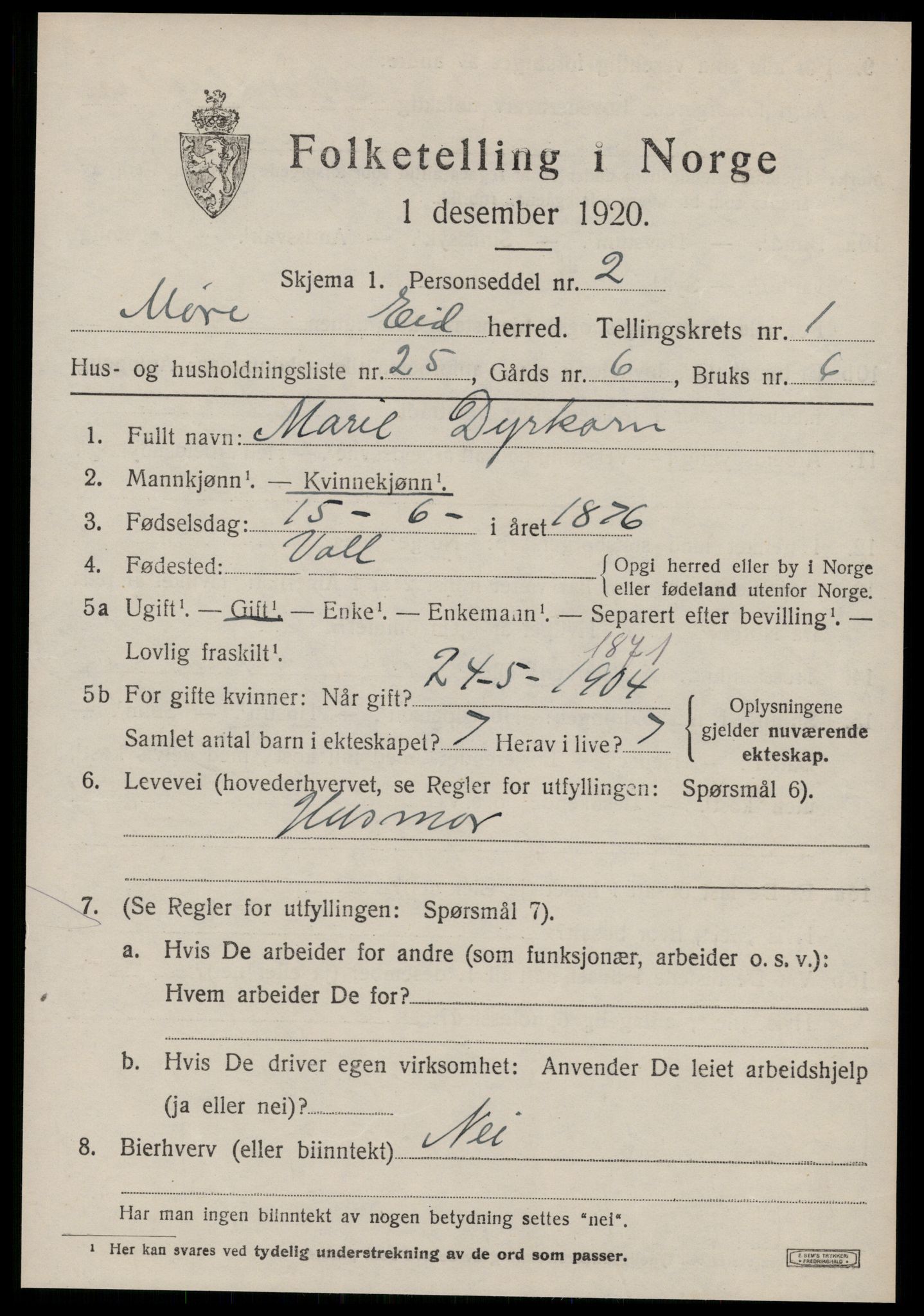 SAT, 1920 census for Eid, 1920, p. 483