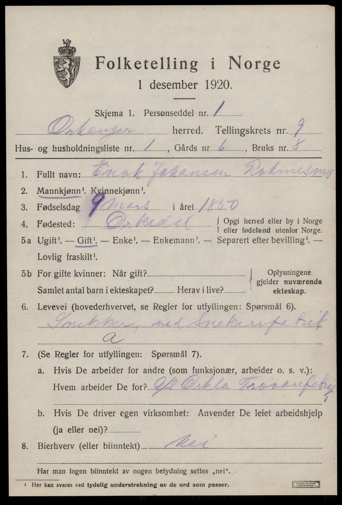 SAT, 1920 census for Orkanger, 1920, p. 4283