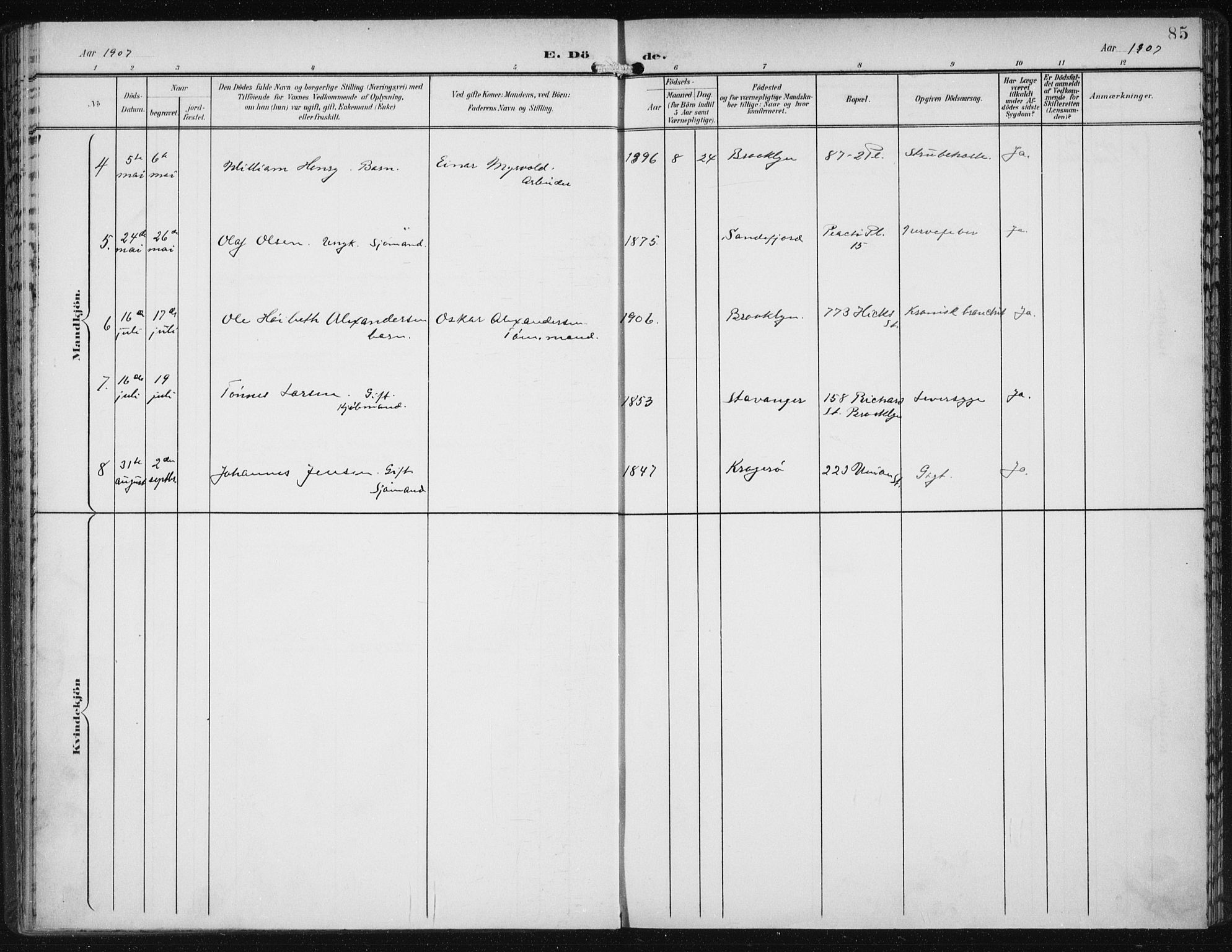 Den norske sjømannsmisjon i utlandet/New York, SAB/SAB/PA-0110/H/Ha/L0005: Parish register (official) no. A 5, 1902-1908, p. 85