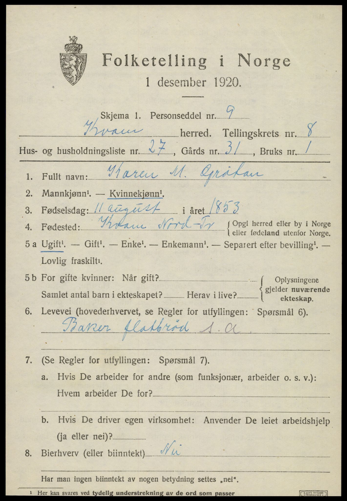 SAT, 1920 census for Kvam, 1920, p. 2295