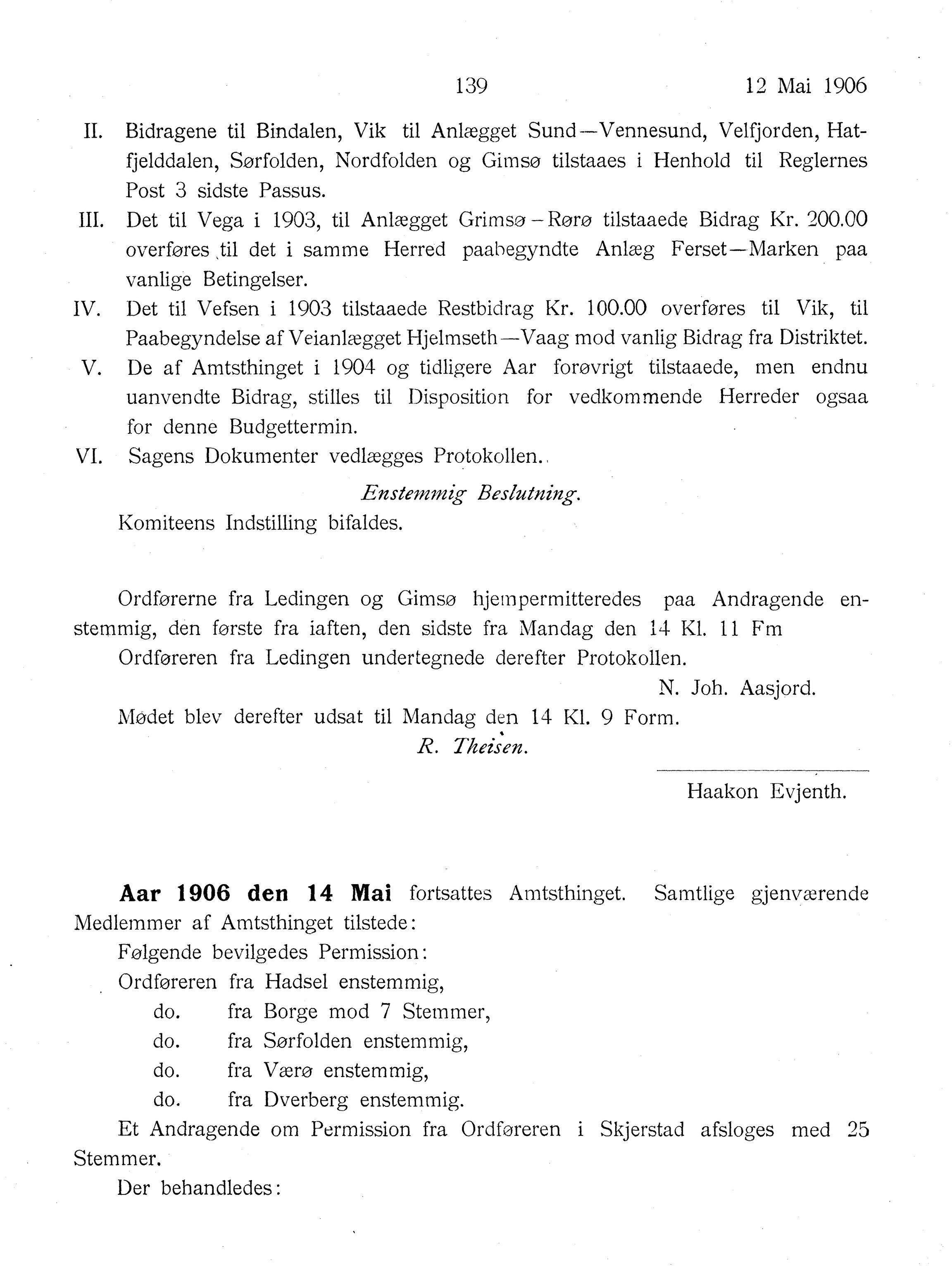 Nordland Fylkeskommune. Fylkestinget, AIN/NFK-17/176/A/Ac/L0029: Fylkestingsforhandlinger 1906, 1906, p. 139
