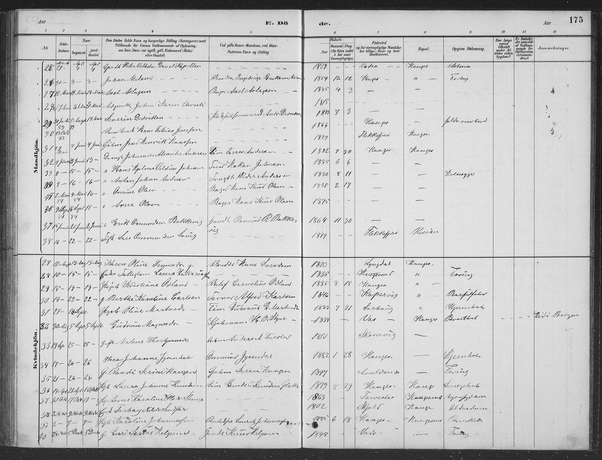 Haugesund sokneprestkontor, SAST/A -101863/H/Ha/Hab/L0002: Parish register (copy) no. B 2, 1881-1894, p. 175