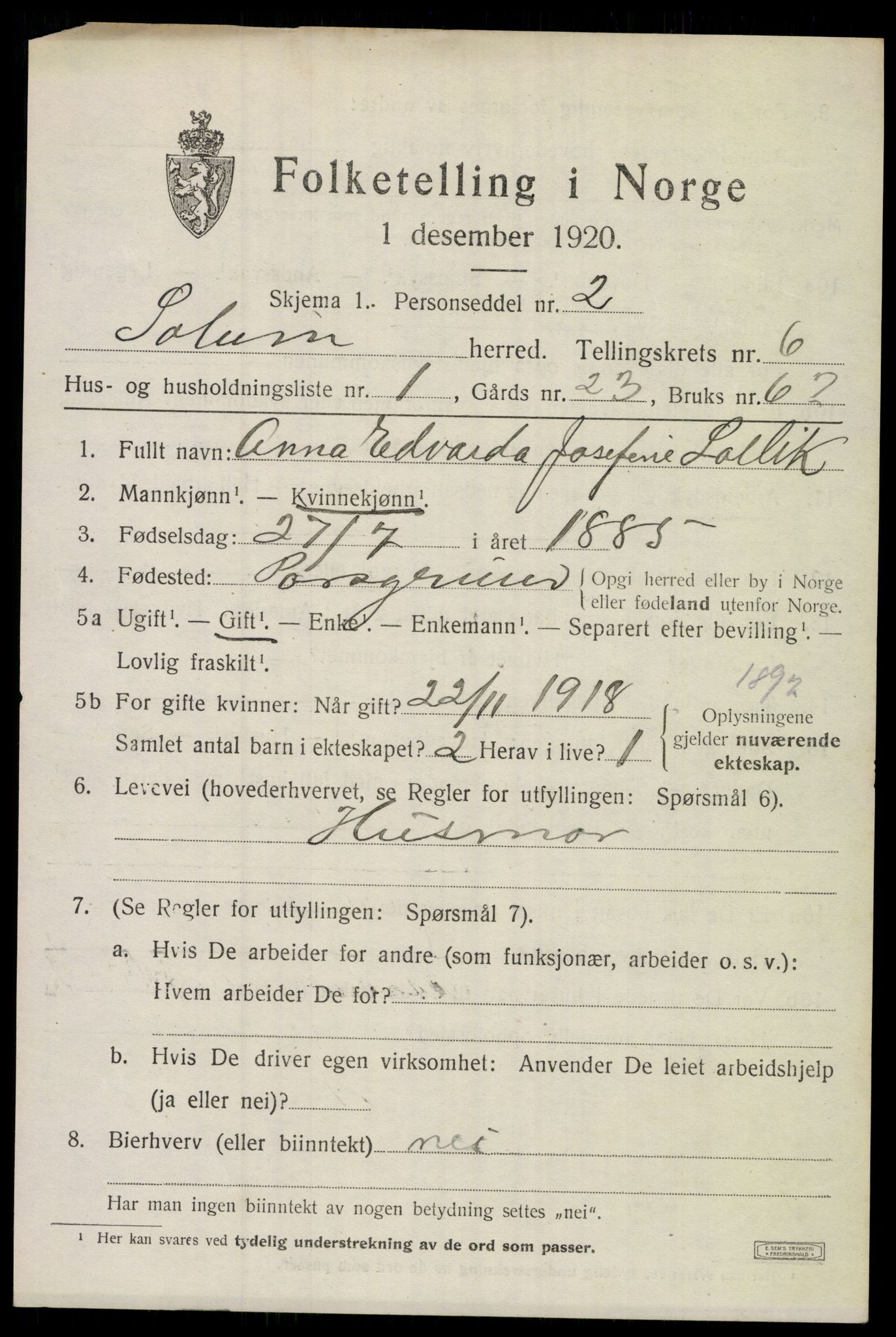 SAKO, 1920 census for Solum, 1920, p. 13172