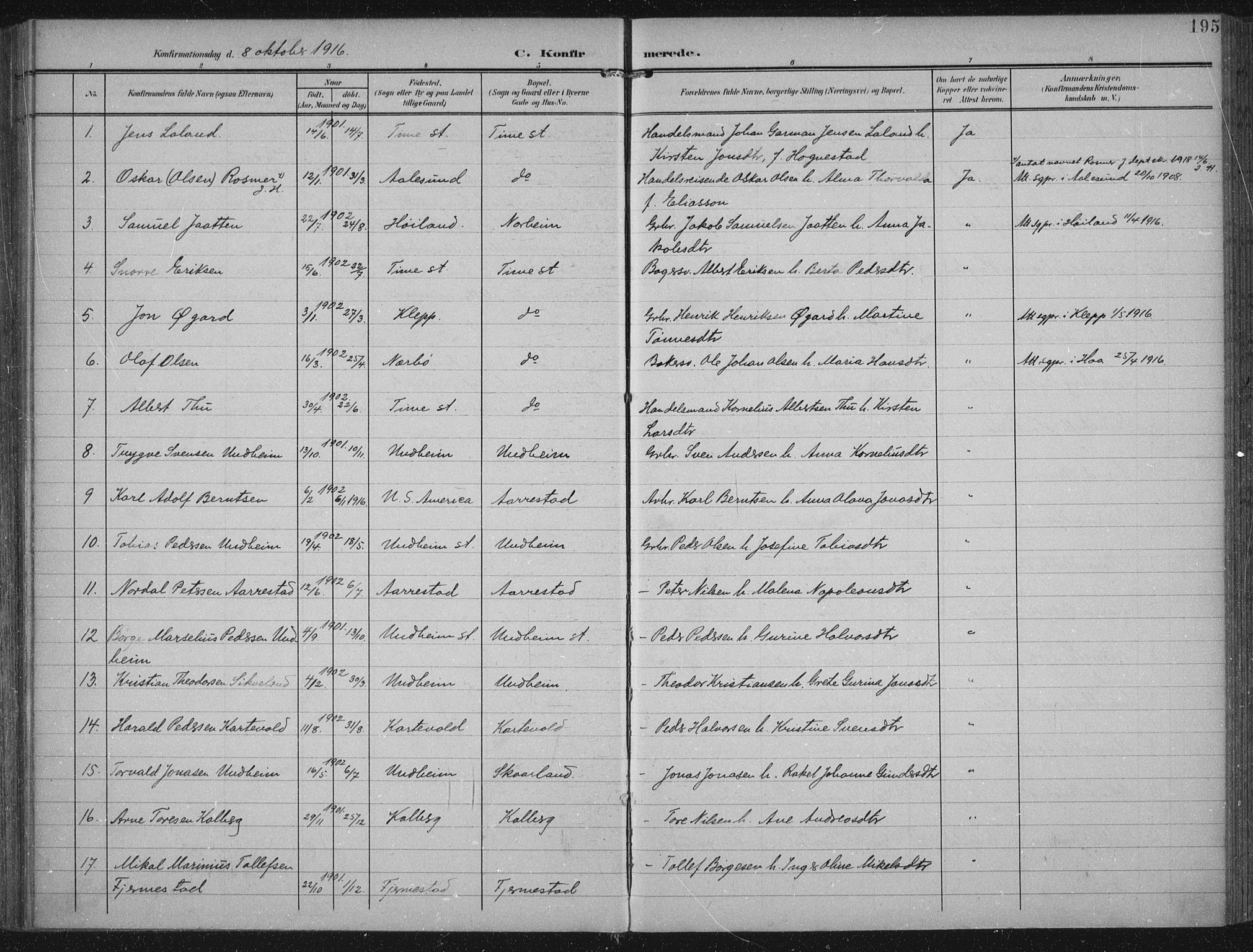 Lye sokneprestkontor, SAST/A-101794/002/A/L0001: Parish register (official) no. A 12, 1904-1920, p. 195