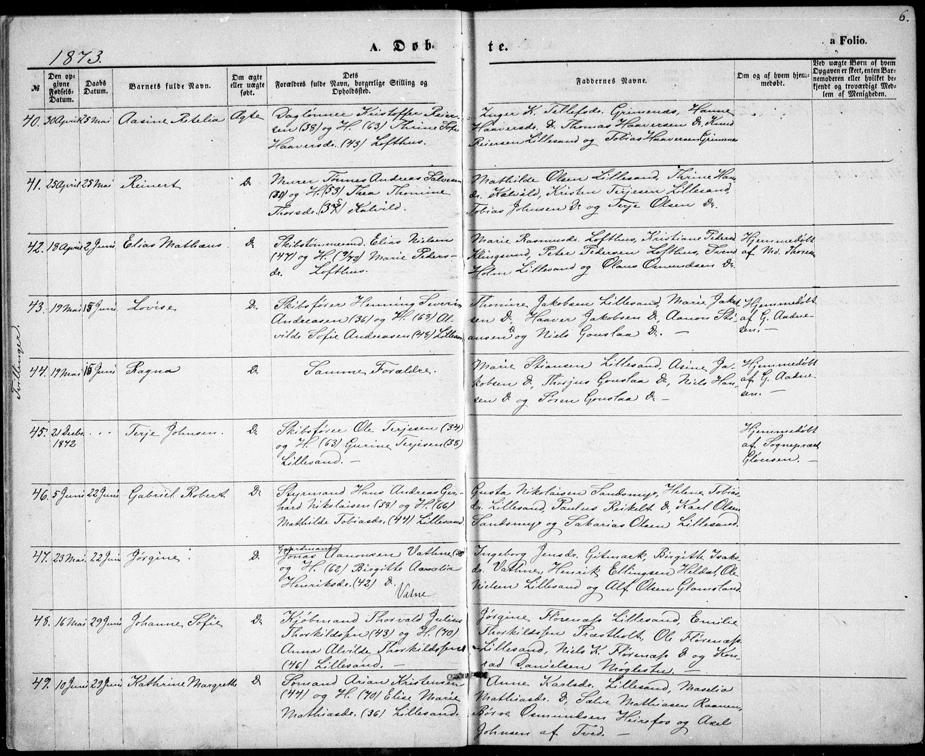 Vestre Moland sokneprestkontor, AV/SAK-1111-0046/F/Fb/Fbb/L0005: Parish register (copy) no. B 5, 1872-1883, p. 6