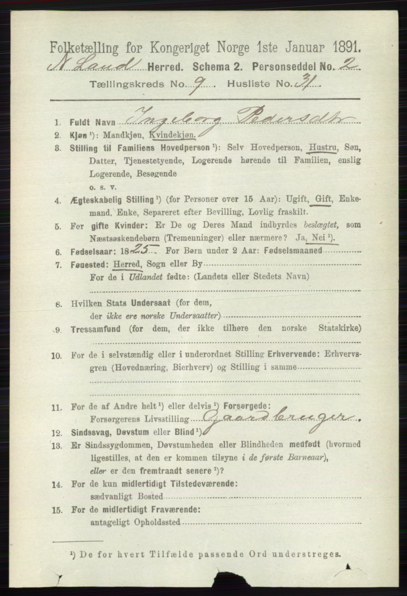 RA, 1891 census for 0538 Nordre Land, 1891, p. 2760