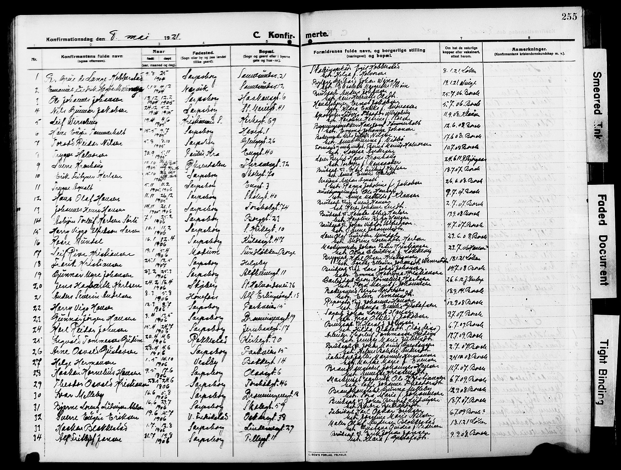 Sarpsborg prestekontor Kirkebøker, AV/SAO-A-2006/G/Ga/L0002: Parish register (copy) no. 2, 1912-1931, p. 255