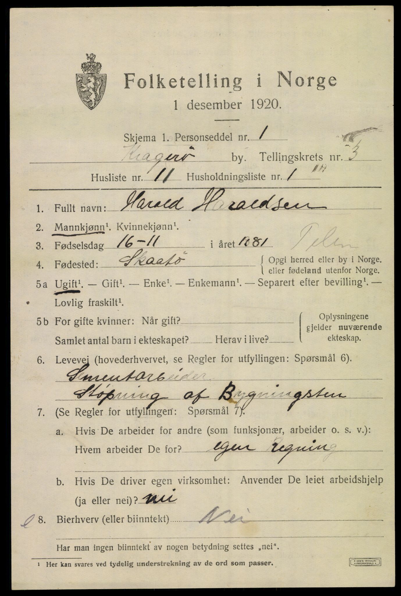 SAKO, 1920 census for Kragerø, 1920, p. 7223