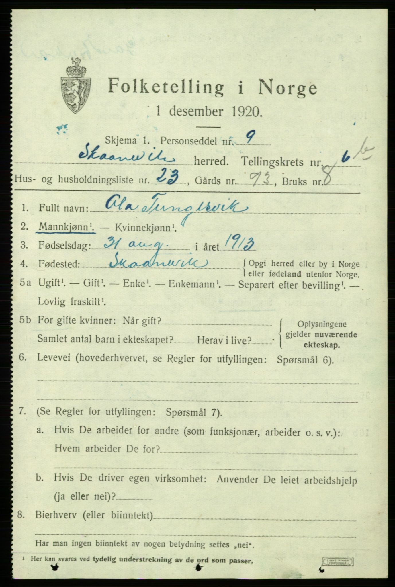 SAB, 1920 census for Skånevik, 1920, p. 4345