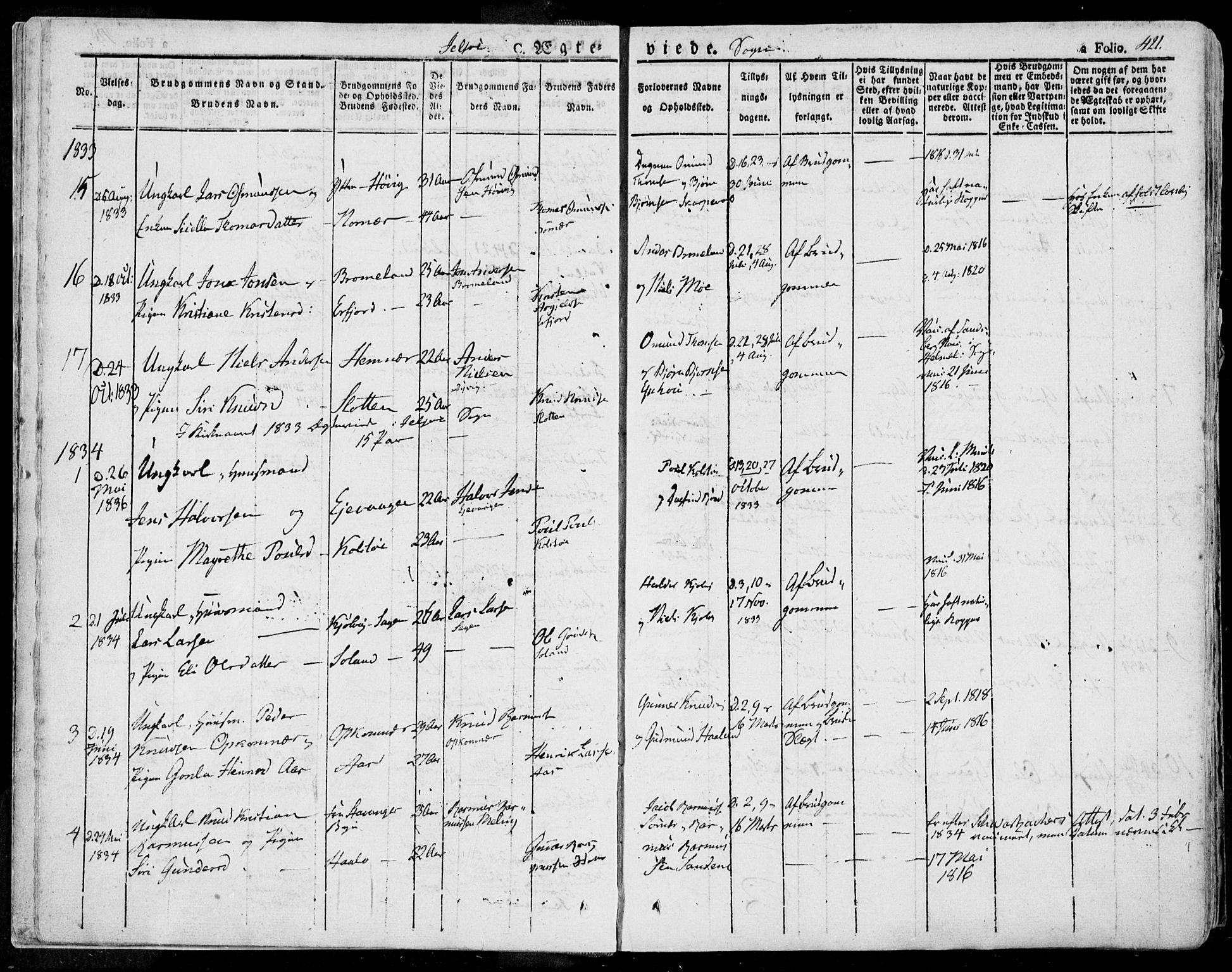 Jelsa sokneprestkontor, SAST/A-101842/01/IV: Parish register (official) no. A 6.2, 1828-1853, p. 421