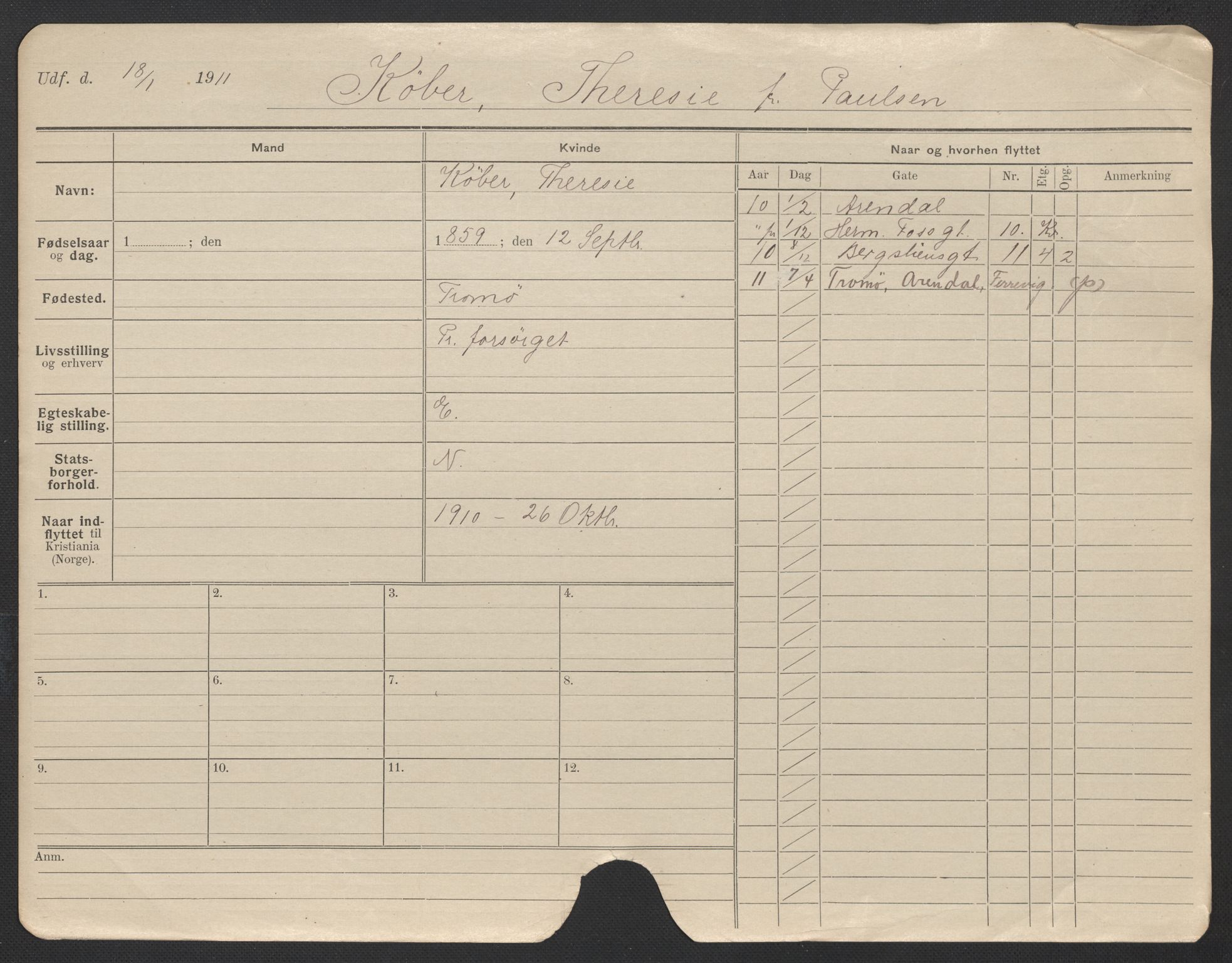 Oslo folkeregister, Registerkort, AV/SAO-A-11715/F/Fa/Fac/L0019: Kvinner, 1906-1914, p. 696a