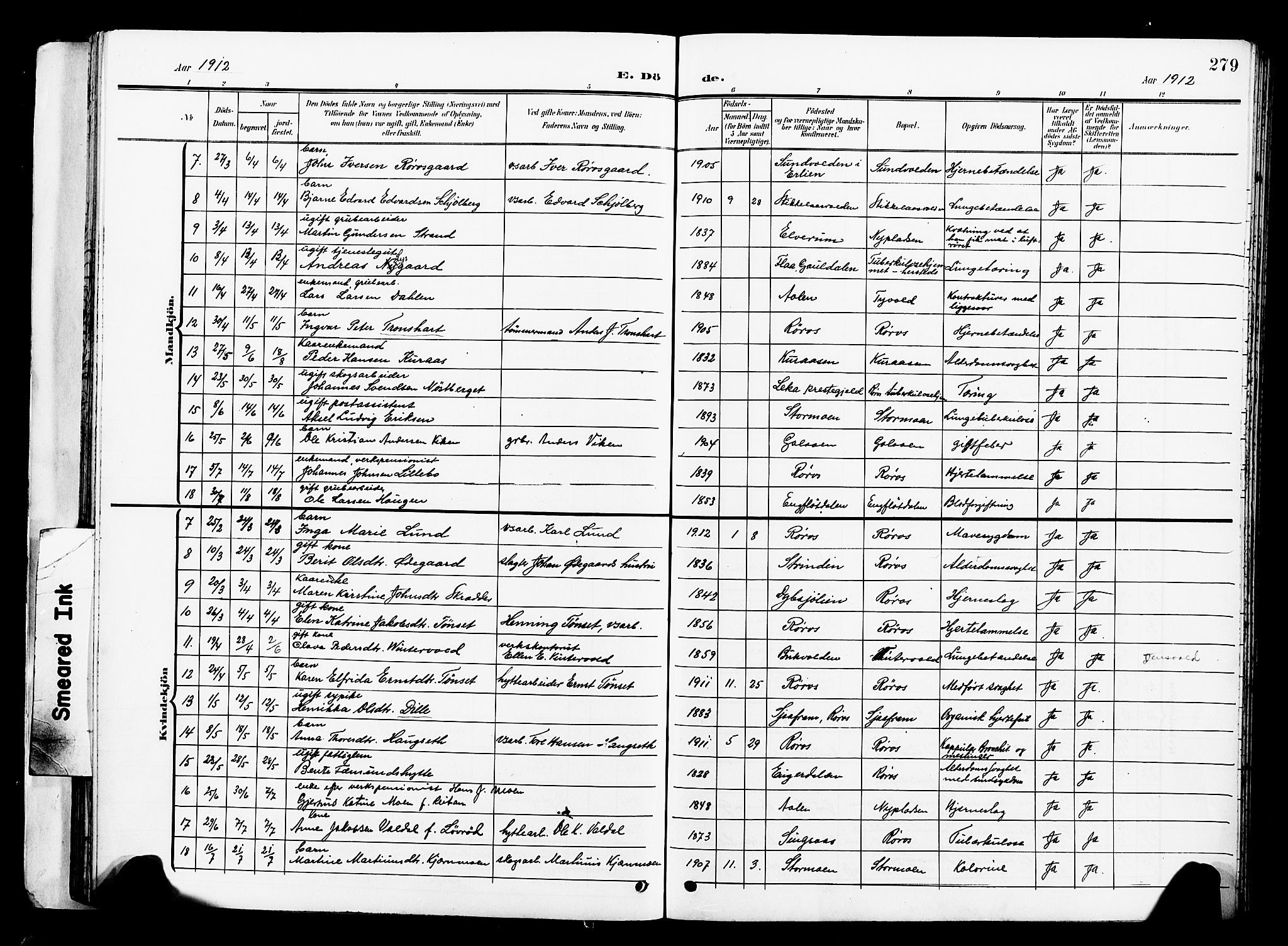 Ministerialprotokoller, klokkerbøker og fødselsregistre - Sør-Trøndelag, SAT/A-1456/681/L0942: Parish register (copy) no. 681C06, 1906-1925, p. 279