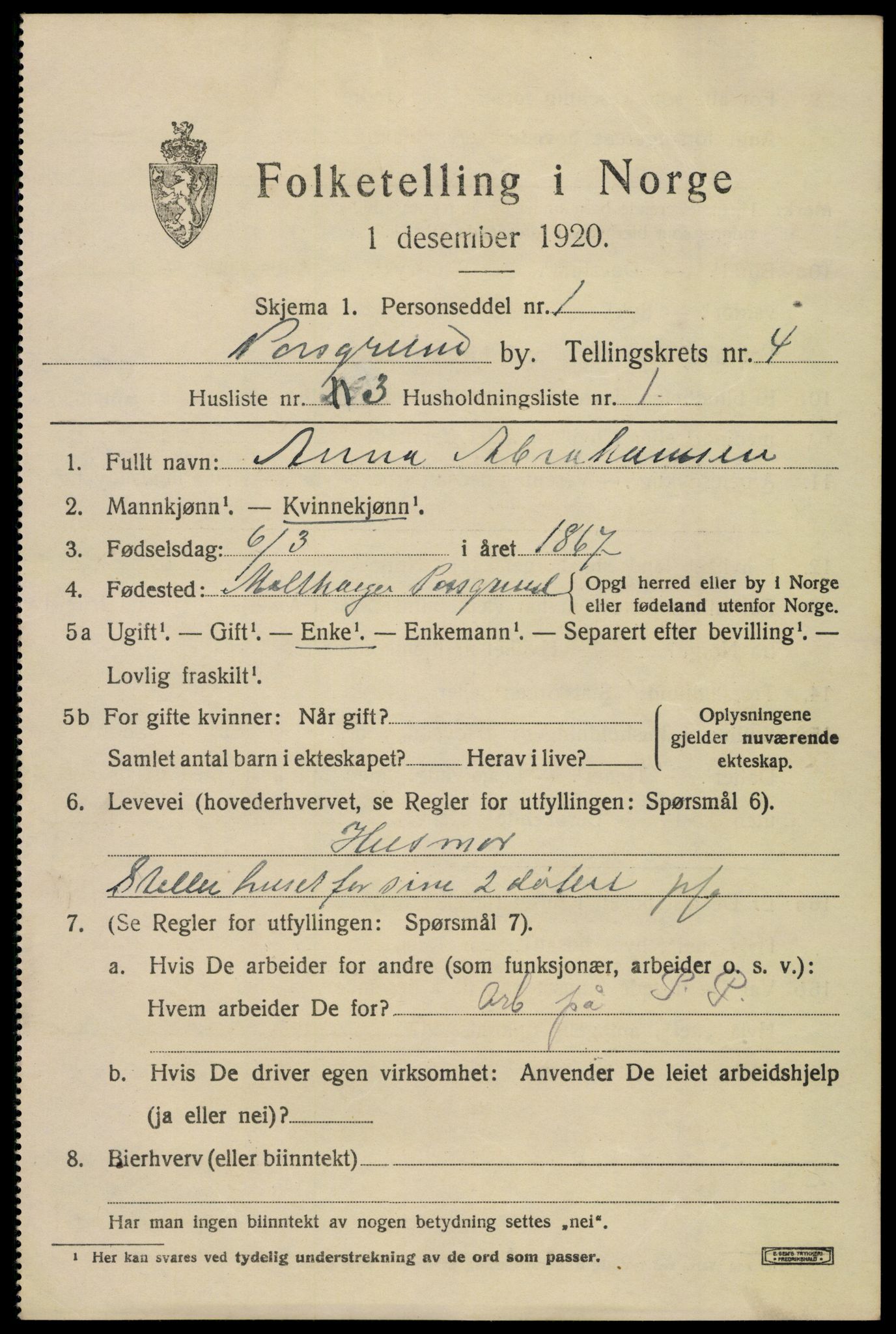 SAKO, 1920 census for Porsgrunn, 1920, p. 18907