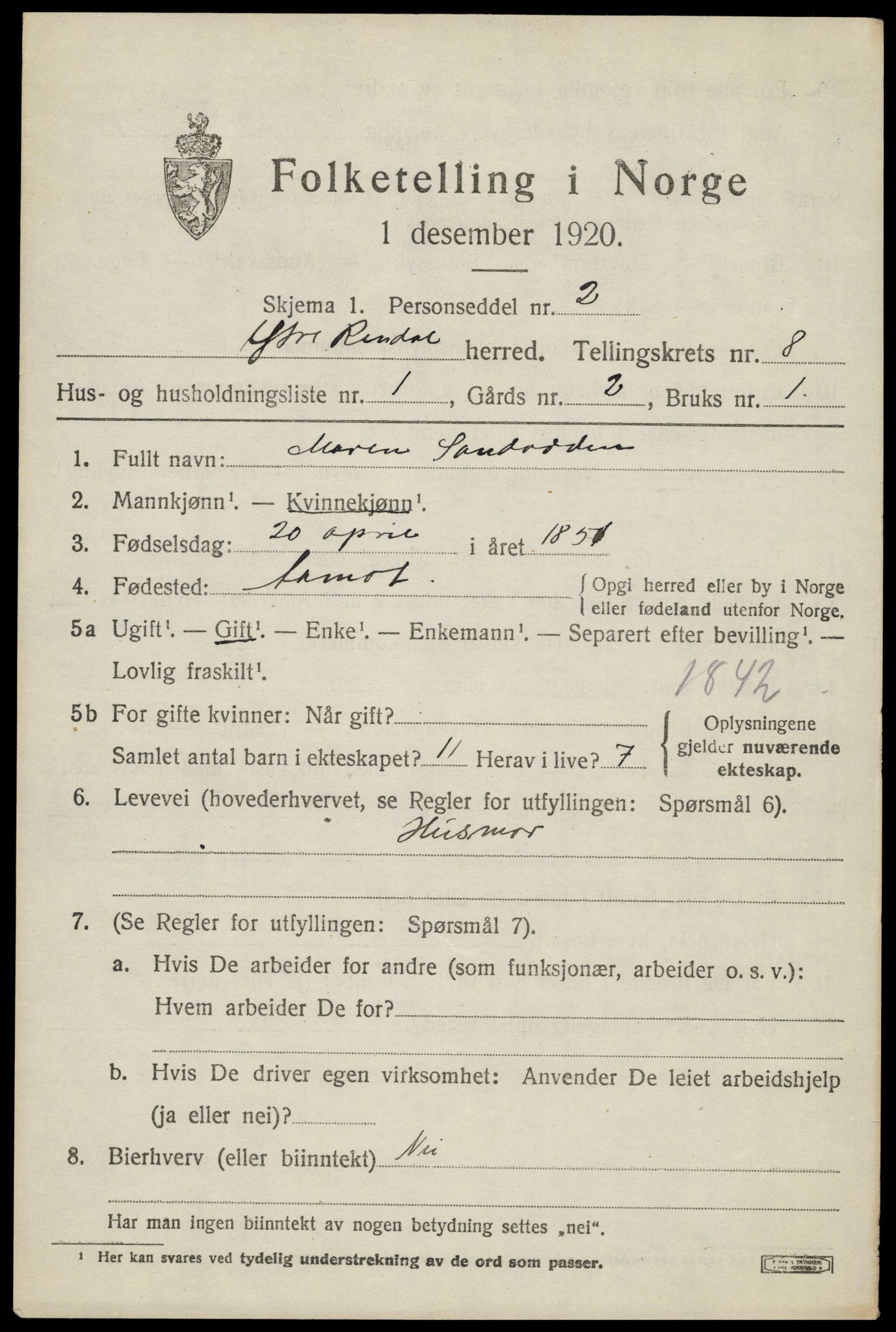 SAH, 1920 census for Ytre Rendal, 1920, p. 3917