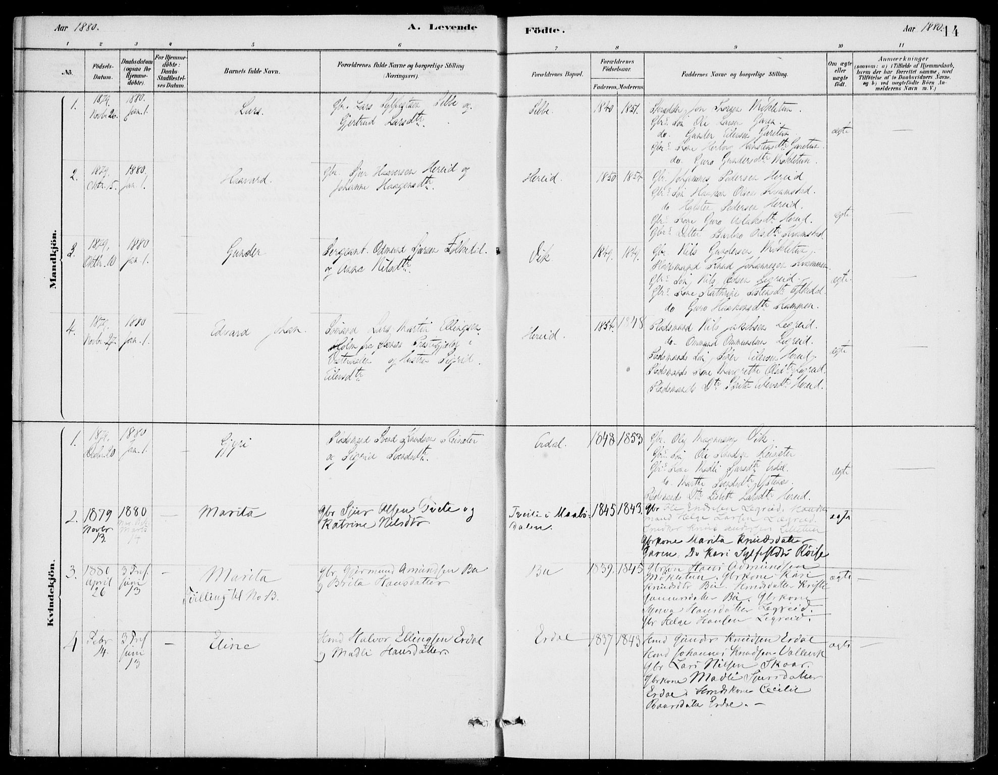 Ulvik sokneprestembete, SAB/A-78801/H/Haa: Parish register (official) no. D  1, 1878-1903, p. 14