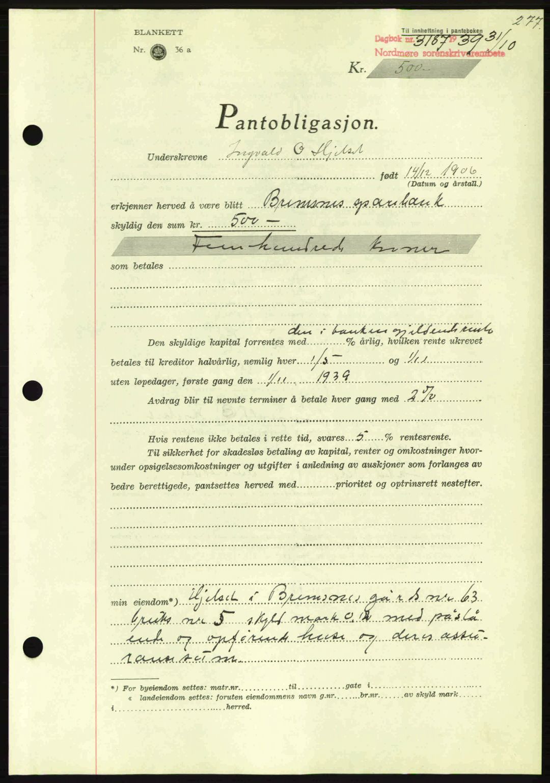 Nordmøre sorenskriveri, AV/SAT-A-4132/1/2/2Ca: Mortgage book no. B86, 1939-1940, Diary no: : 3187/1939