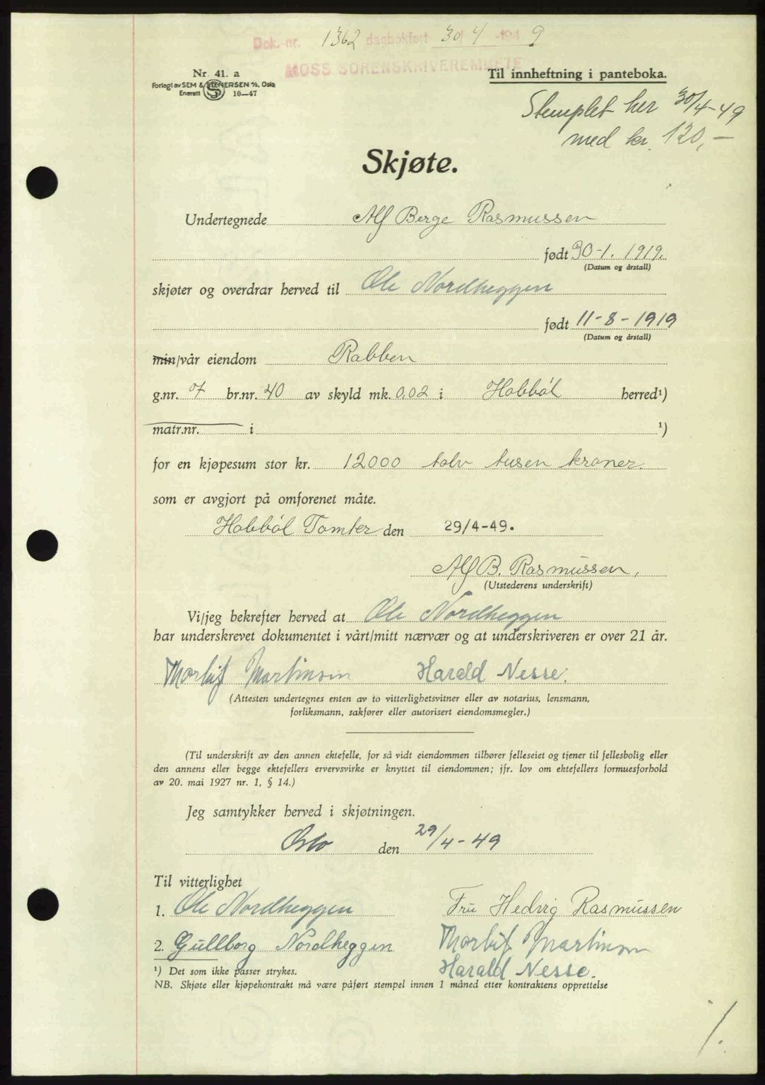 Moss sorenskriveri, AV/SAO-A-10168: Mortgage book no. A22, 1949-1949, Diary no: : 1362/1949