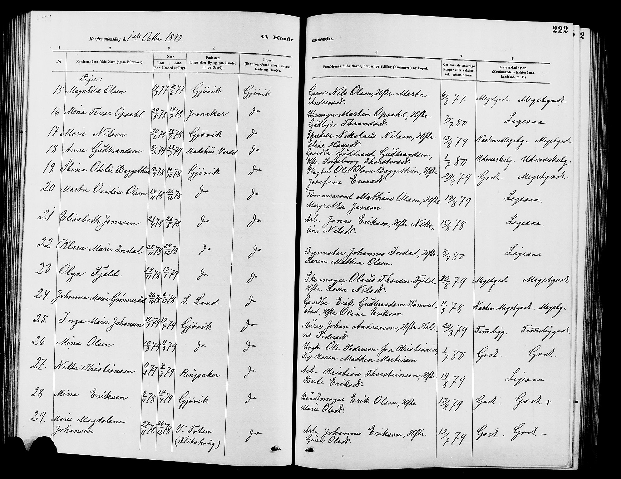 Vardal prestekontor, SAH/PREST-100/H/Ha/Hab/L0007: Parish register (copy) no. 7 /2, 1881-1895, p. 222