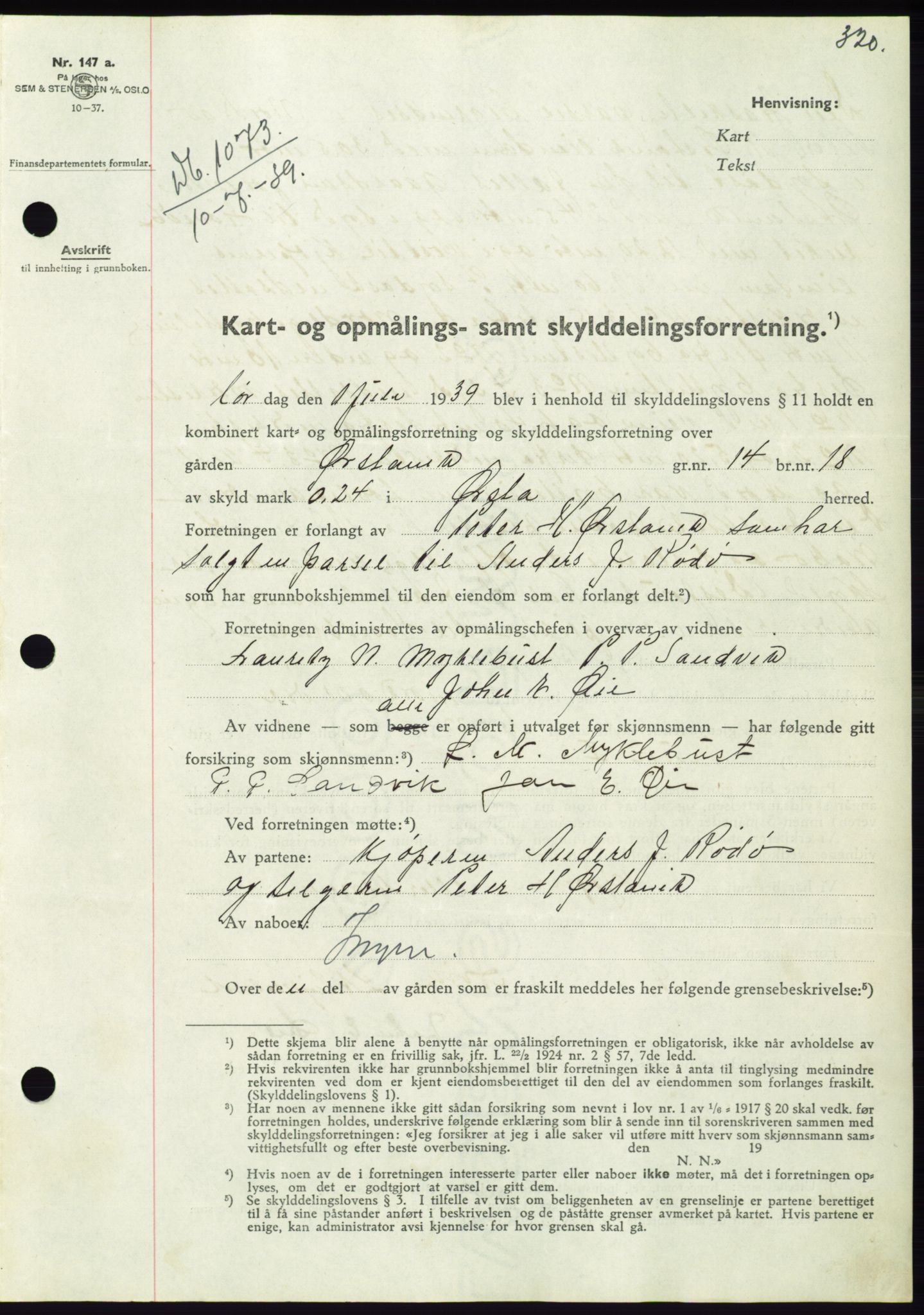 Søre Sunnmøre sorenskriveri, AV/SAT-A-4122/1/2/2C/L0068: Mortgage book no. 62, 1939-1939, Diary no: : 1073/1939