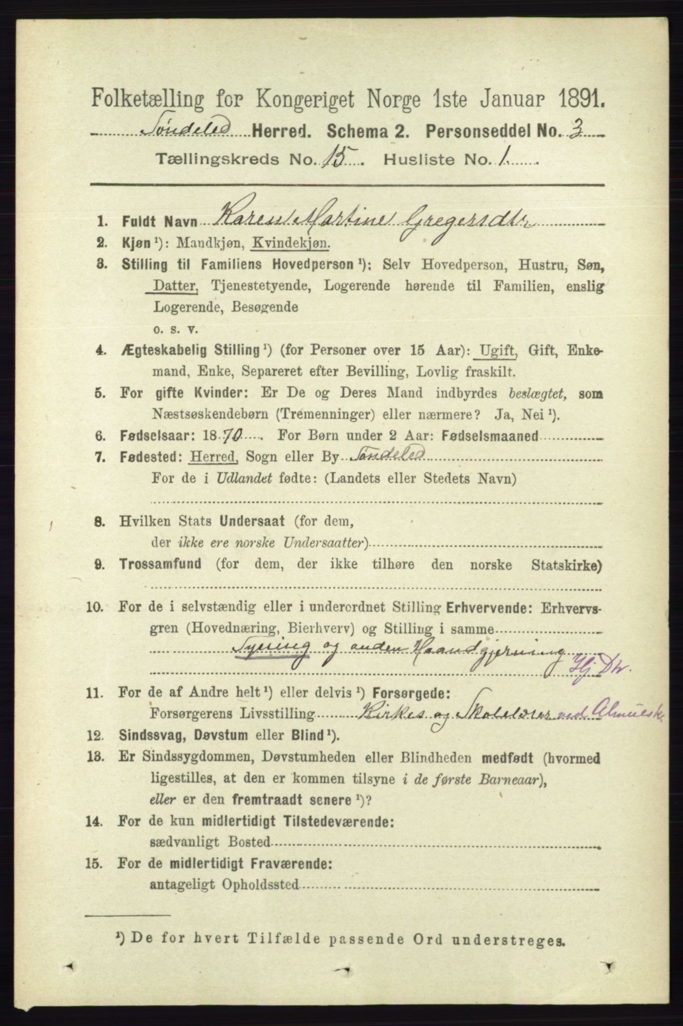 RA, 1891 census for 0913 Søndeled, 1891, p. 4330