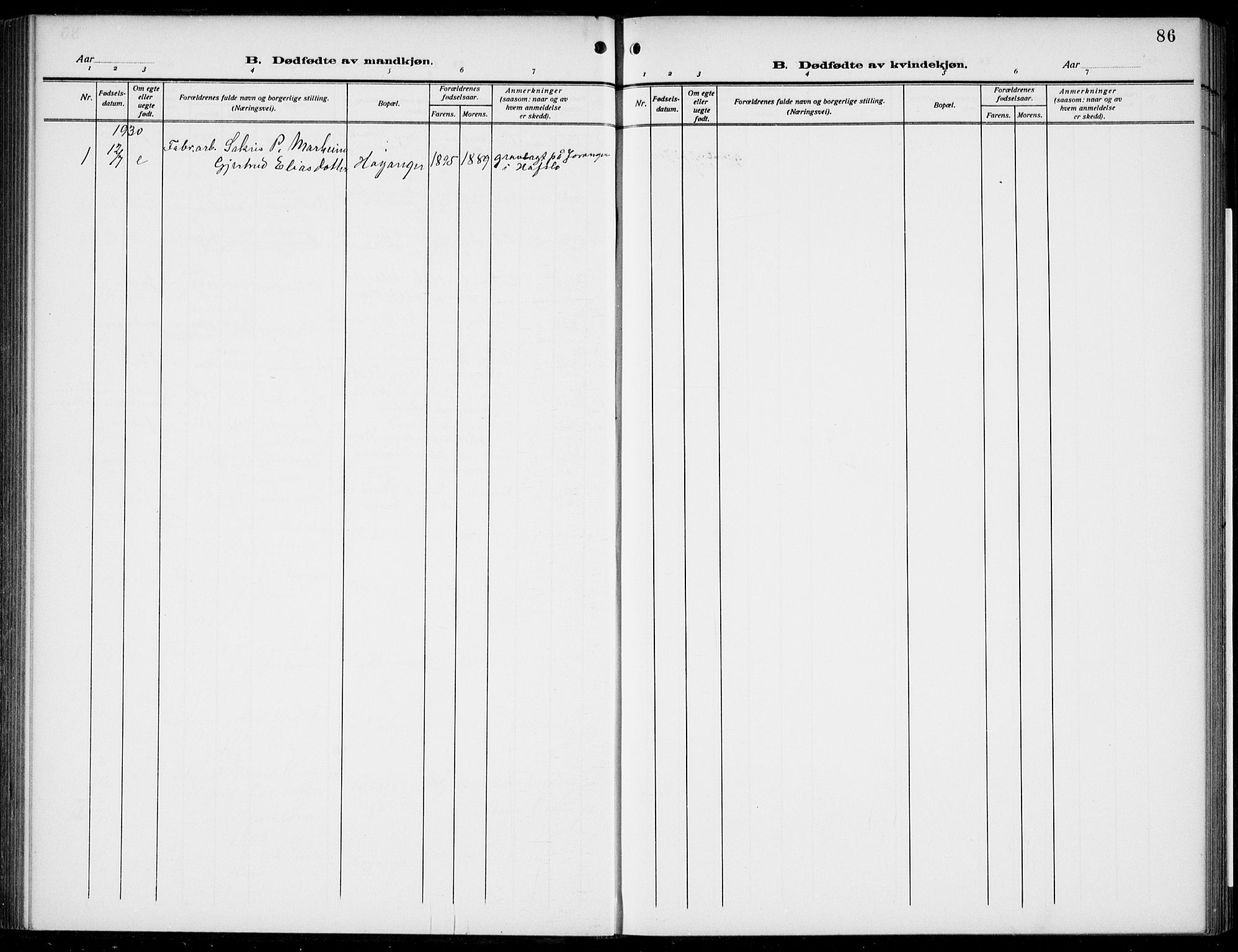 Lavik sokneprestembete, AV/SAB-A-80901: Parish register (copy) no. B 4, 1914-1937, p. 86