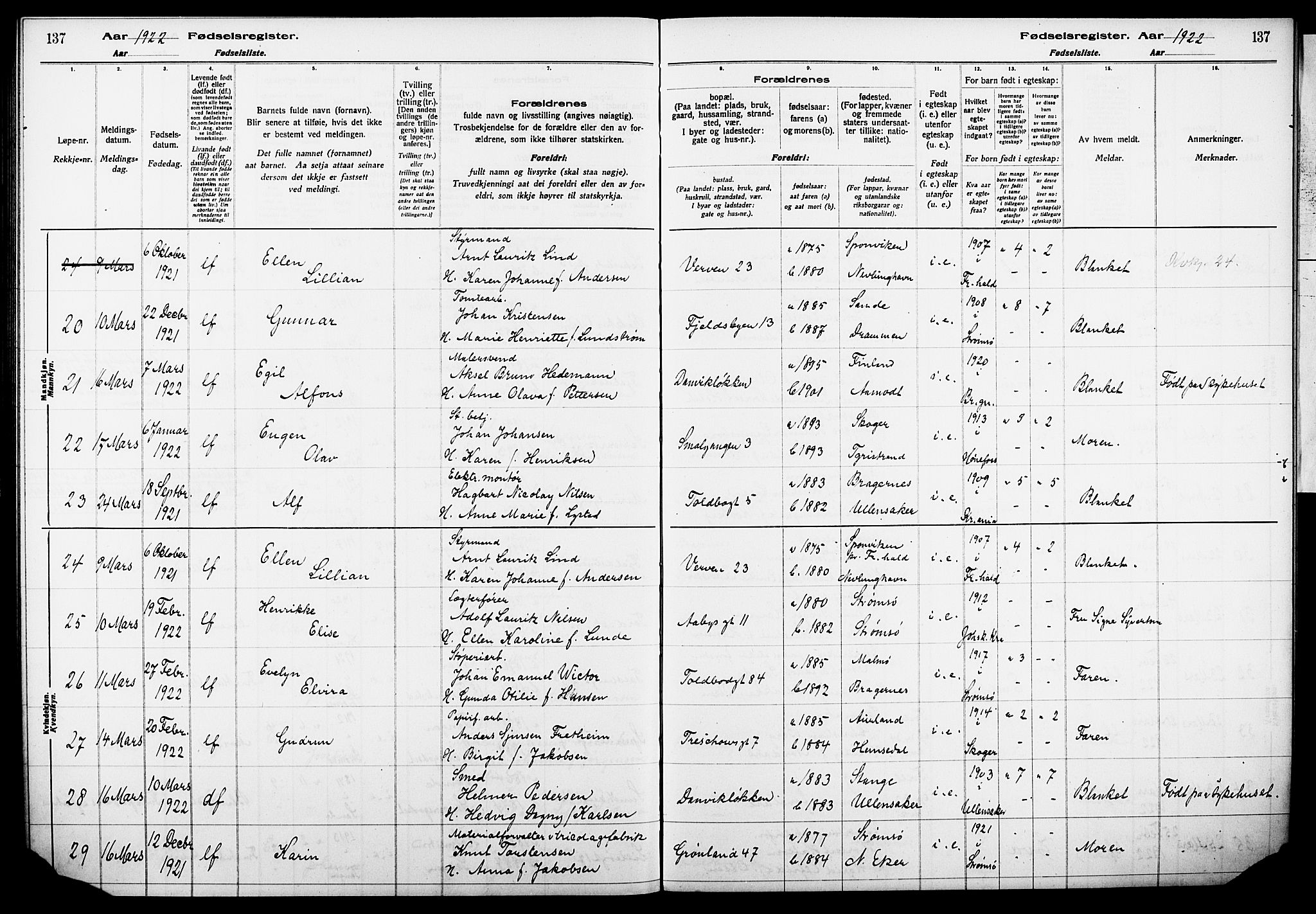 Strømsø kirkebøker, AV/SAKO-A-246/J/Ja/L0001: Birth register no. I 1, 1916-1925, p. 137