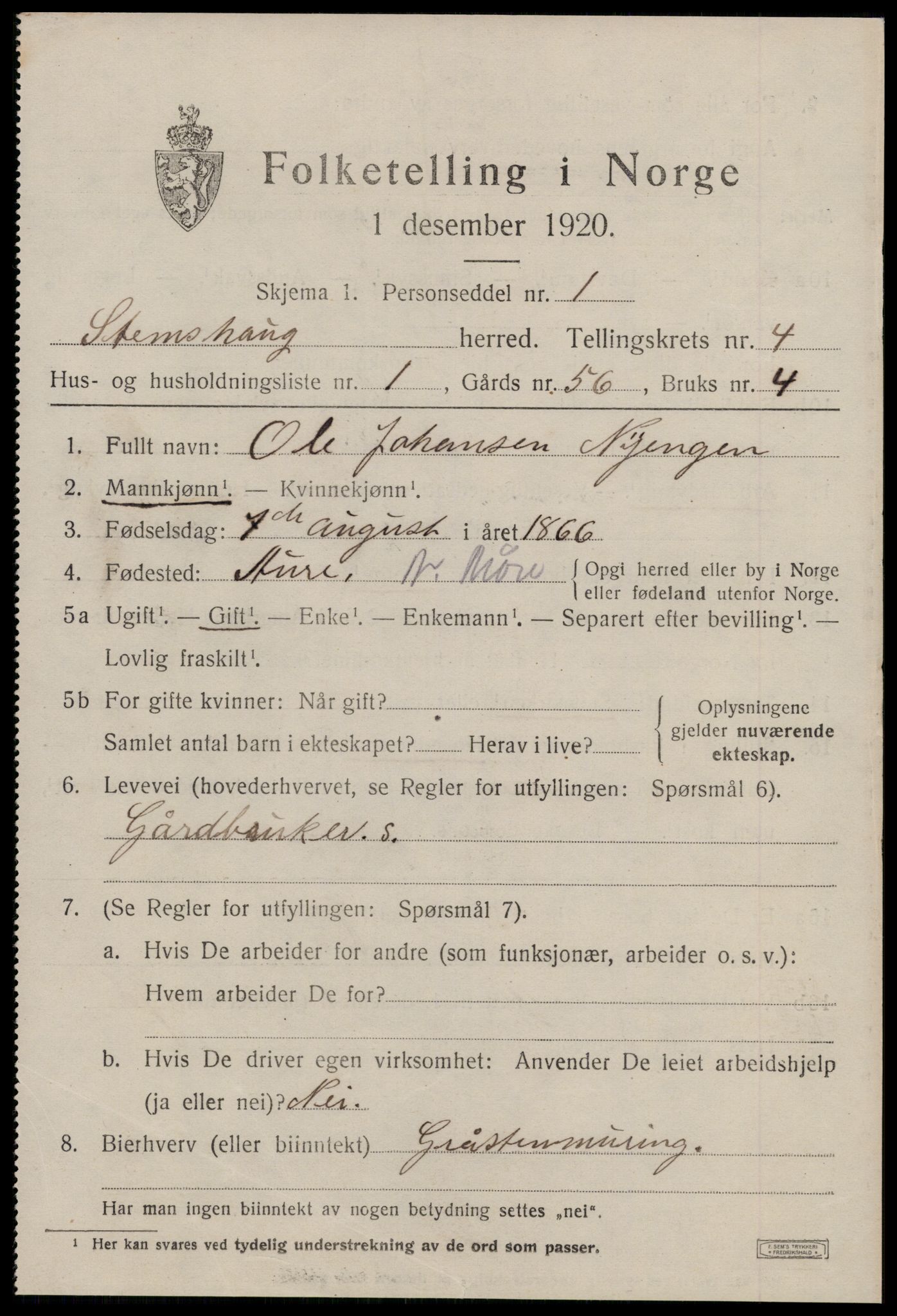 SAT, 1920 census for Stemshaug, 1920, p. 1588