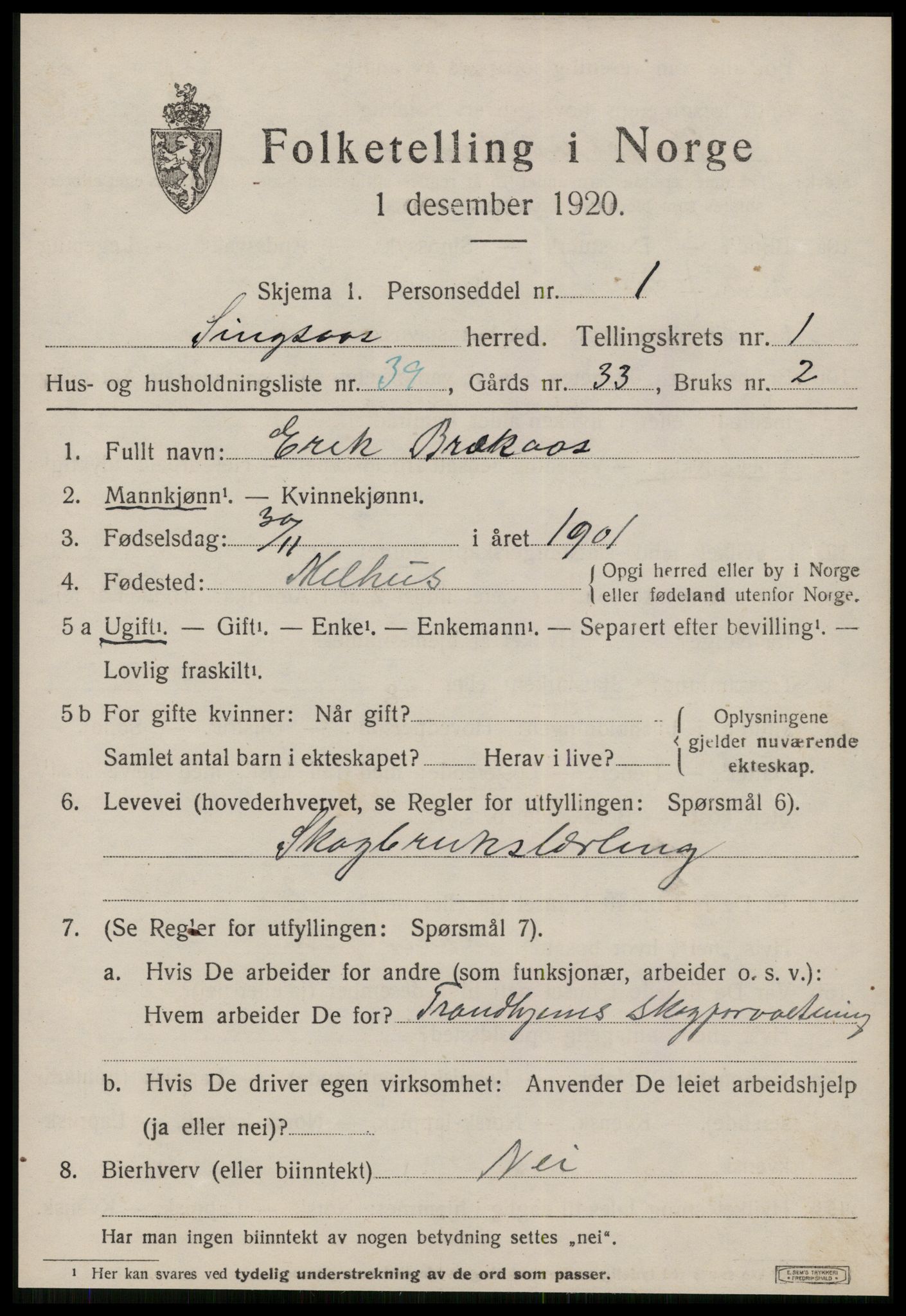 SAT, 1920 census for Singsås, 1920, p. 1107