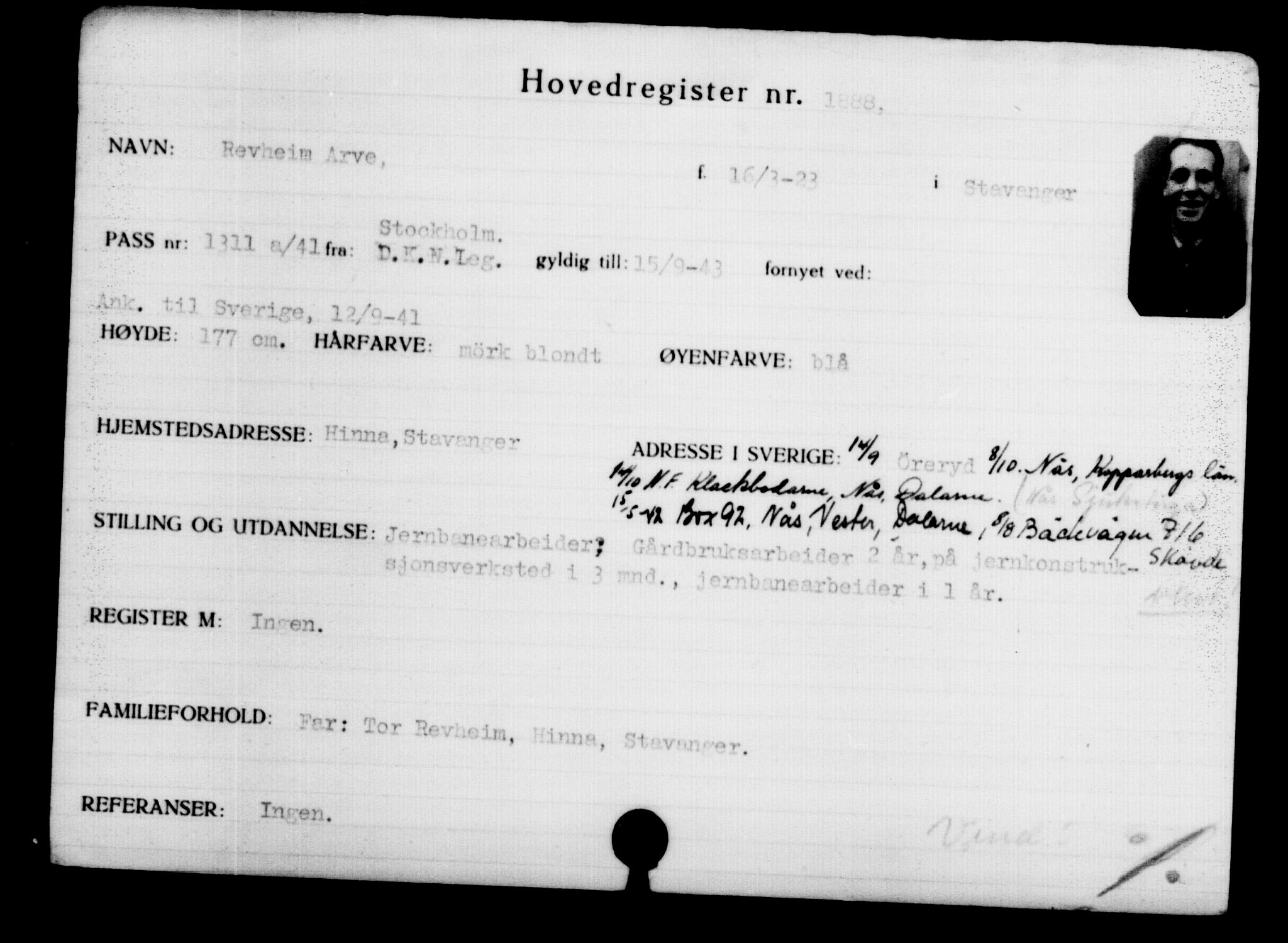 Den Kgl. Norske Legasjons Flyktningskontor, AV/RA-S-6753/V/Va/L0002: Kjesäterkartoteket.  Flyktningenr. 1001-2000, 1940-1945, p. 1265