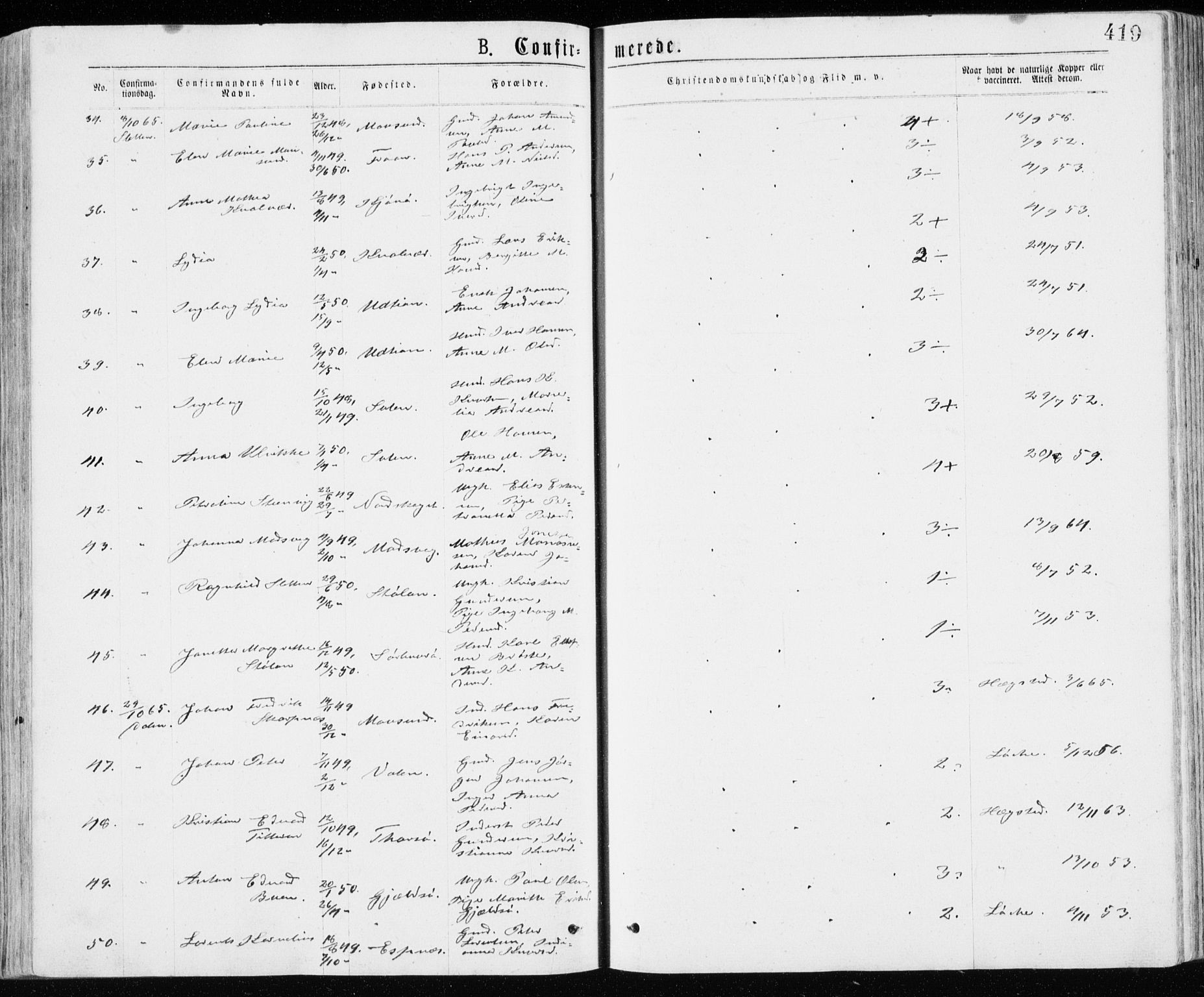 Ministerialprotokoller, klokkerbøker og fødselsregistre - Sør-Trøndelag, AV/SAT-A-1456/640/L0576: Parish register (official) no. 640A01, 1846-1876, p. 419