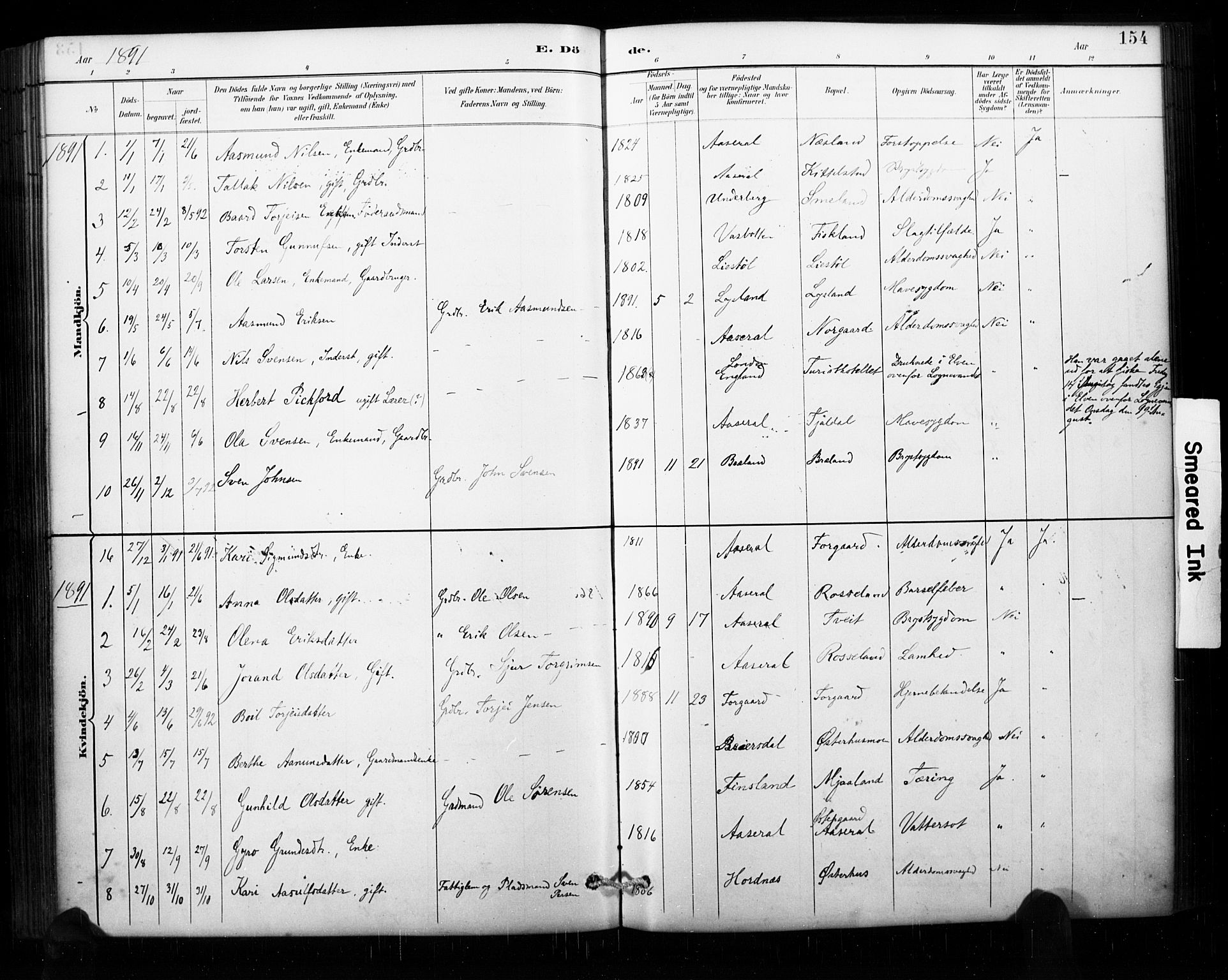 Åseral sokneprestkontor, AV/SAK-1111-0051/F/Fa/L0003: Parish register (official) no. A 3, 1884-1901, p. 154