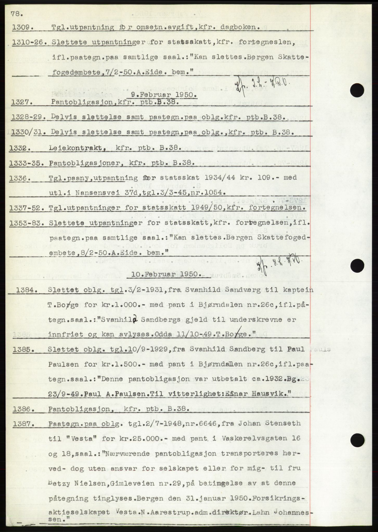 Byfogd og Byskriver i Bergen, AV/SAB-A-3401/03: Mortgage book no. C 38, 1949-1950, Diary no: : 1309/1950