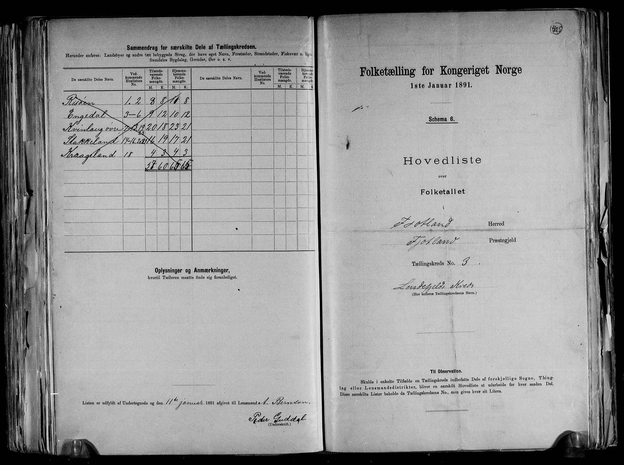 RA, 1891 census for 1036 Fjotland, 1891, p. 9