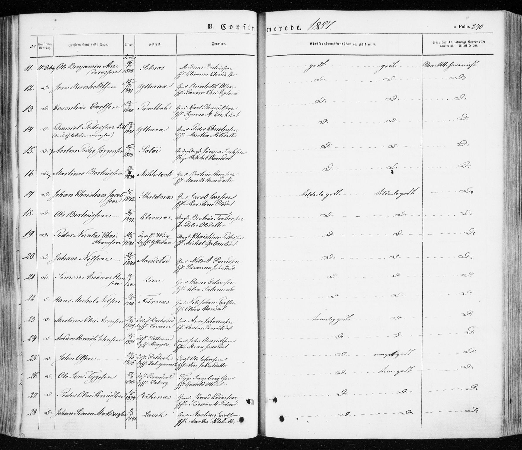 Ibestad sokneprestembete, AV/SATØ-S-0077/H/Ha/Haa/L0008kirke: Parish register (official) no. 8, 1850-1859, p. 240