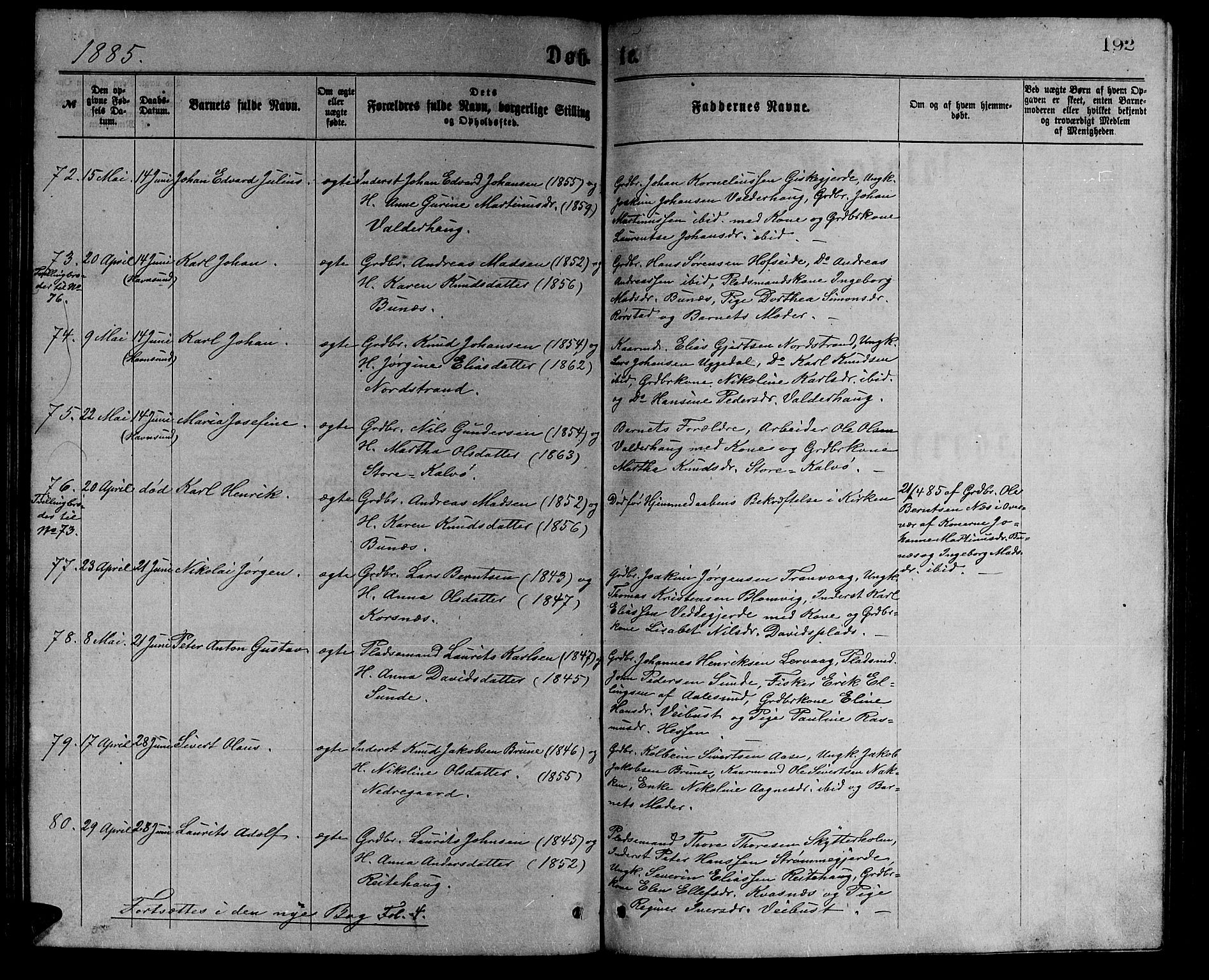 Ministerialprotokoller, klokkerbøker og fødselsregistre - Møre og Romsdal, AV/SAT-A-1454/528/L0429: Parish register (copy) no. 528C10, 1872-1886, p. 192