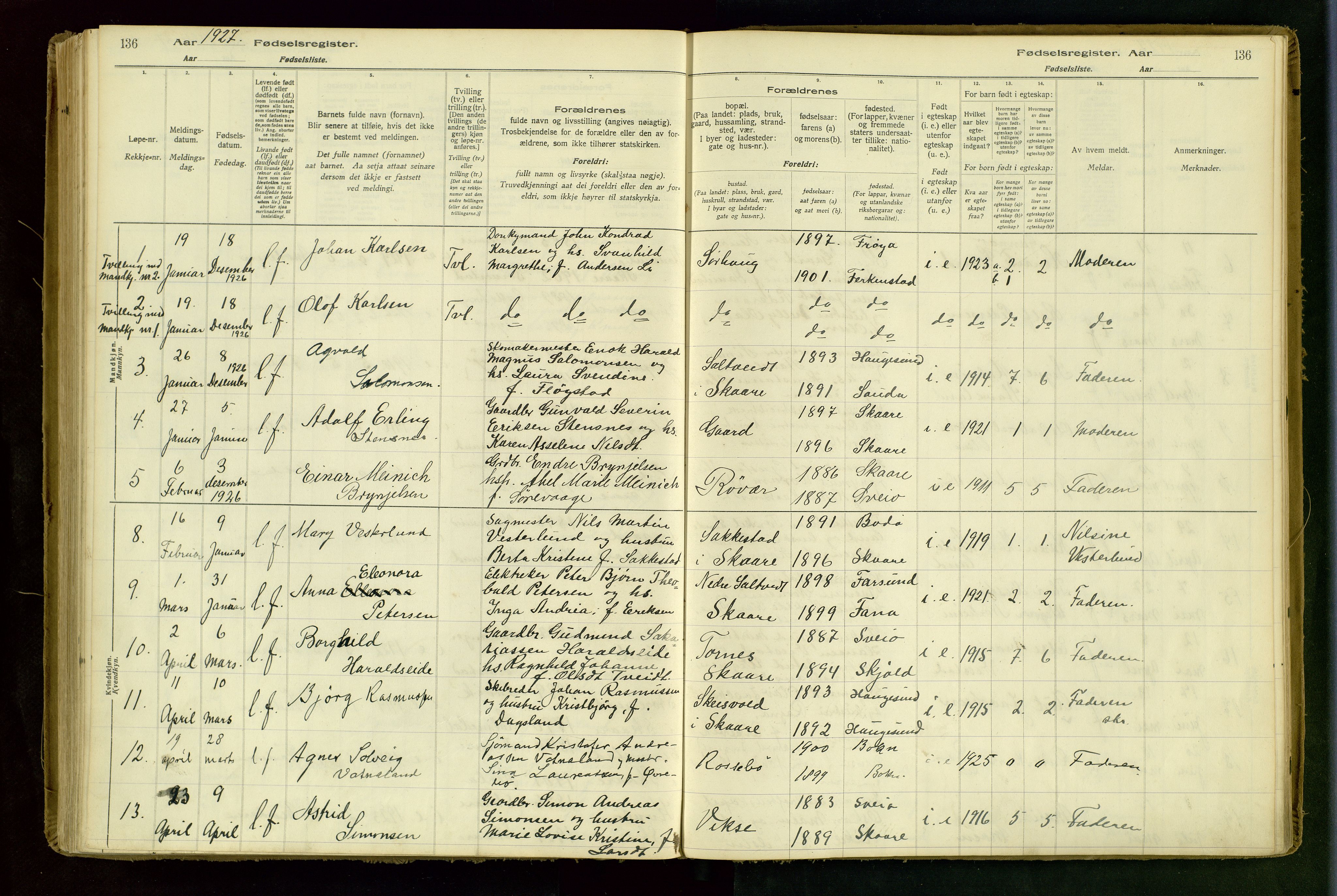 Haugesund sokneprestkontor, AV/SAST-A -101863/I/Id/L0001: Birth register no. 1, 1916-1935, p. 136