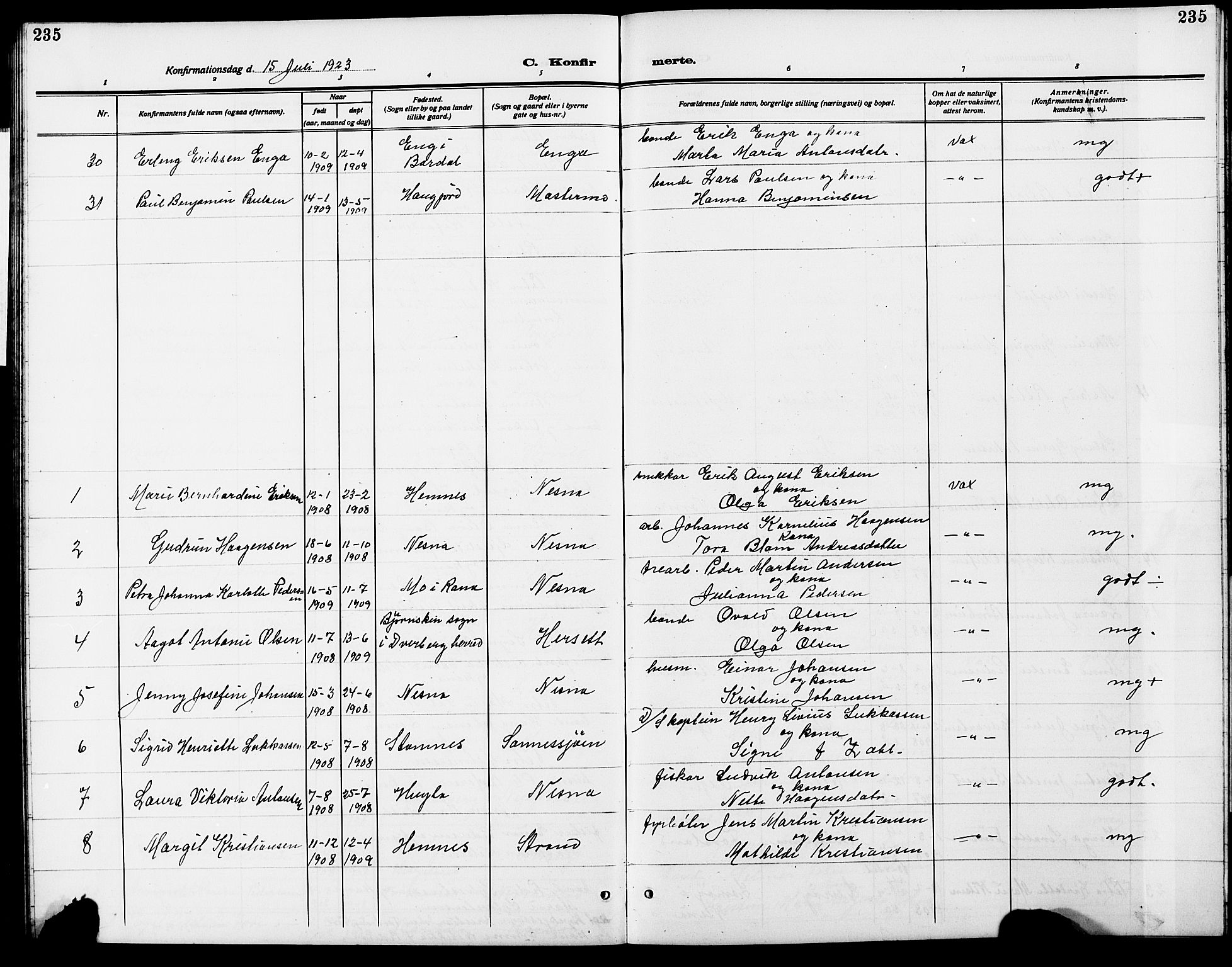 Ministerialprotokoller, klokkerbøker og fødselsregistre - Nordland, AV/SAT-A-1459/838/L0560: Parish register (copy) no. 838C07, 1910-1928, p. 235