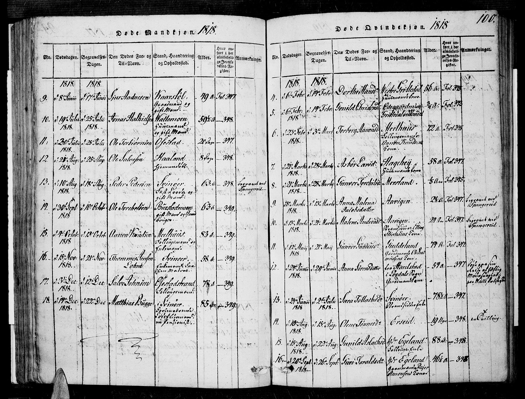 Sør-Audnedal sokneprestkontor, AV/SAK-1111-0039/F/Fa/Fab/L0005: Parish register (official) no. A 5, 1816-1830, p. 100