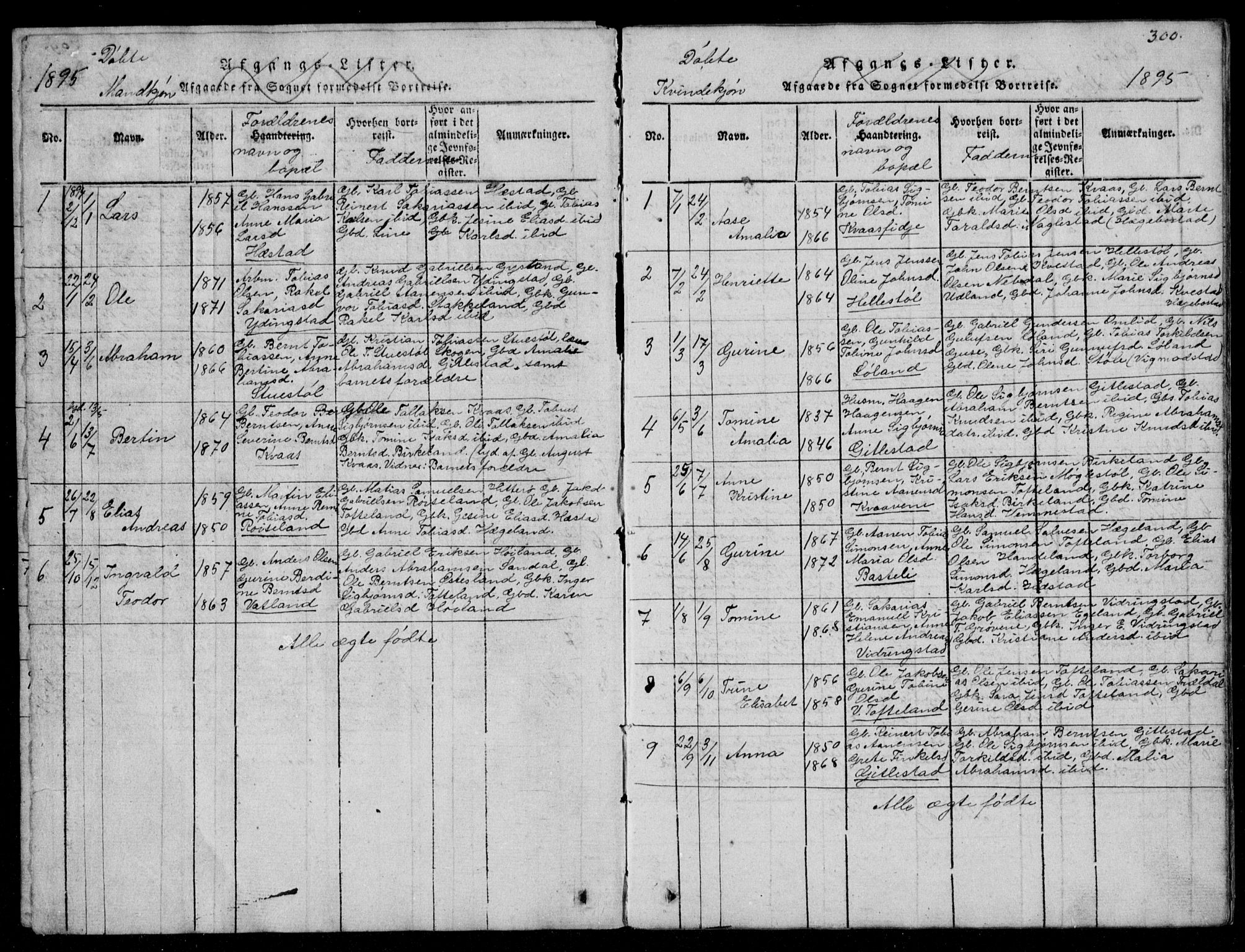 Lyngdal sokneprestkontor, AV/SAK-1111-0029/F/Fb/Fbb/L0001: Parish register (copy) no. B 1, 1816-1900, p. 300