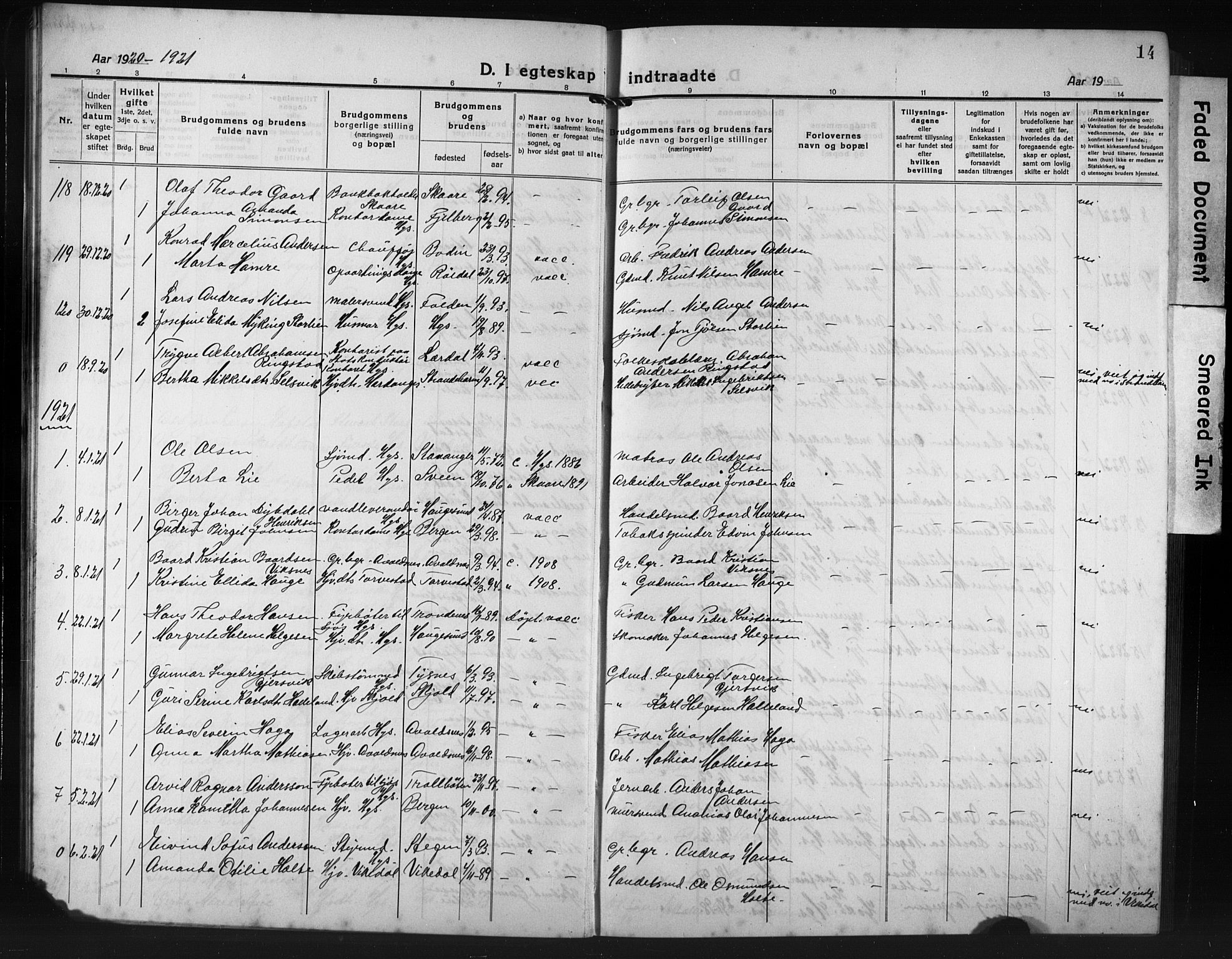 Haugesund sokneprestkontor, SAST/A -101863/H/Ha/Hab/L0010: Parish register (copy) no. B 10, 1920-1931, p. 14
