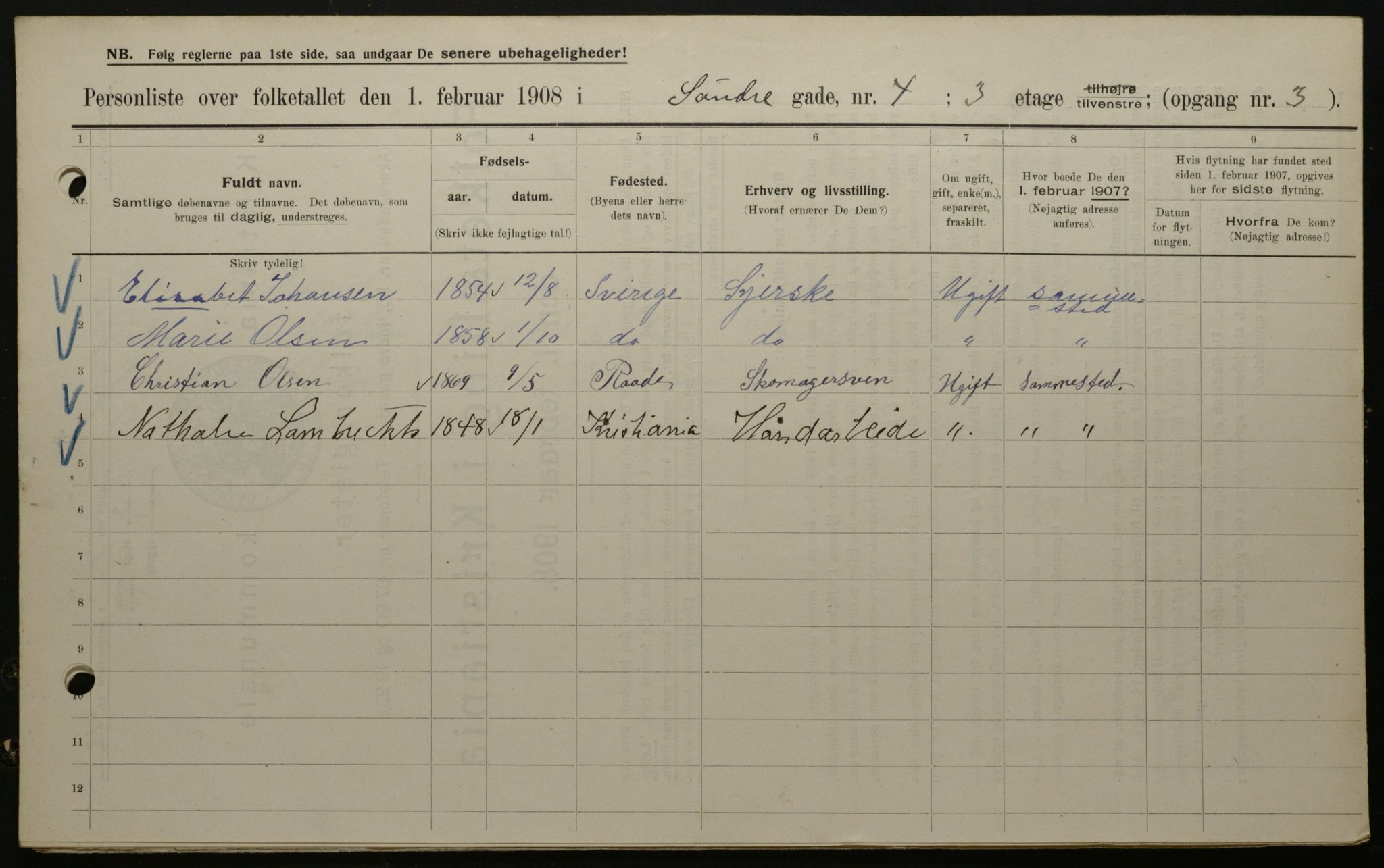 OBA, Municipal Census 1908 for Kristiania, 1908, p. 95562