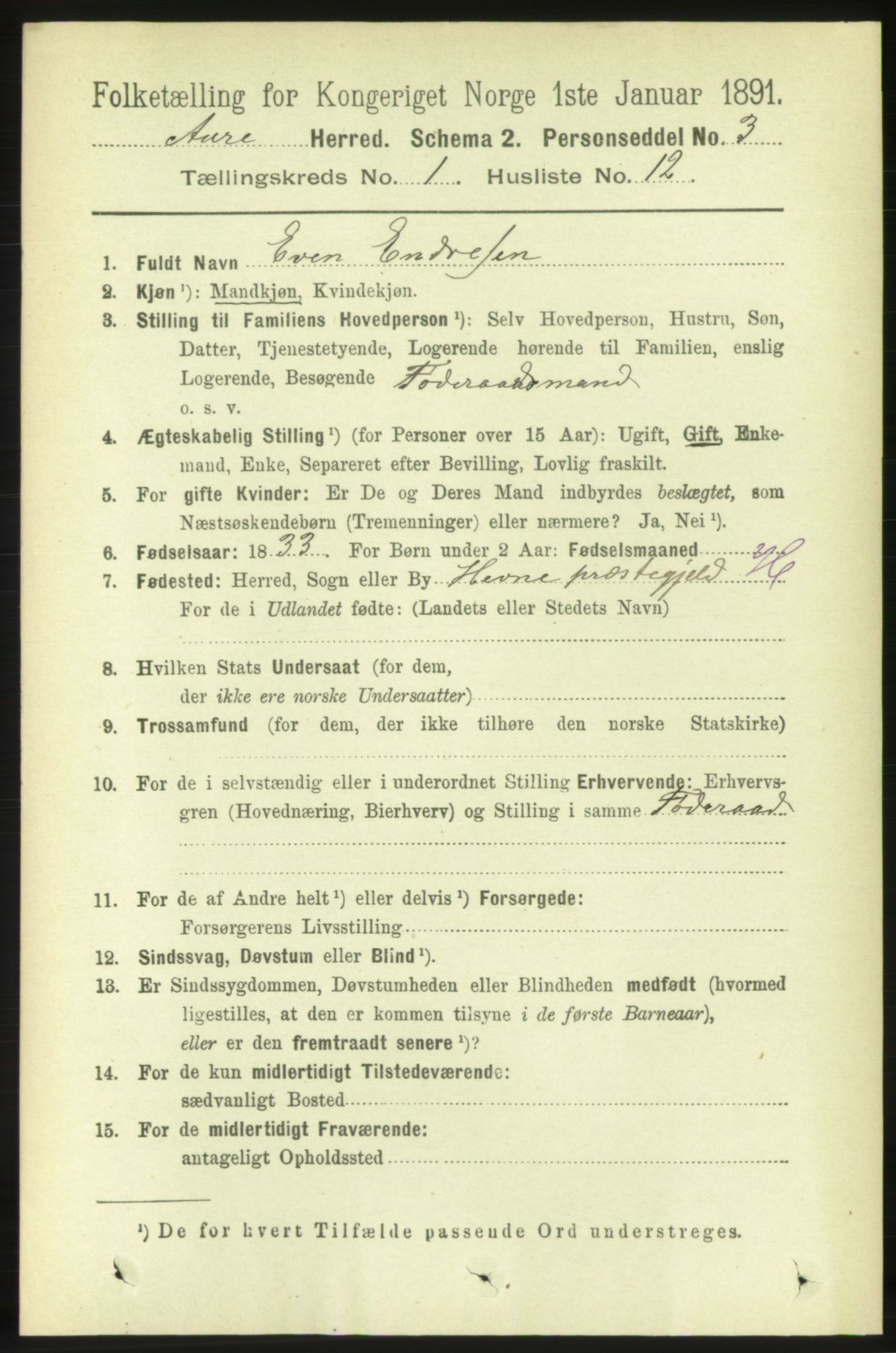 RA, 1891 census for 1569 Aure, 1891, p. 186