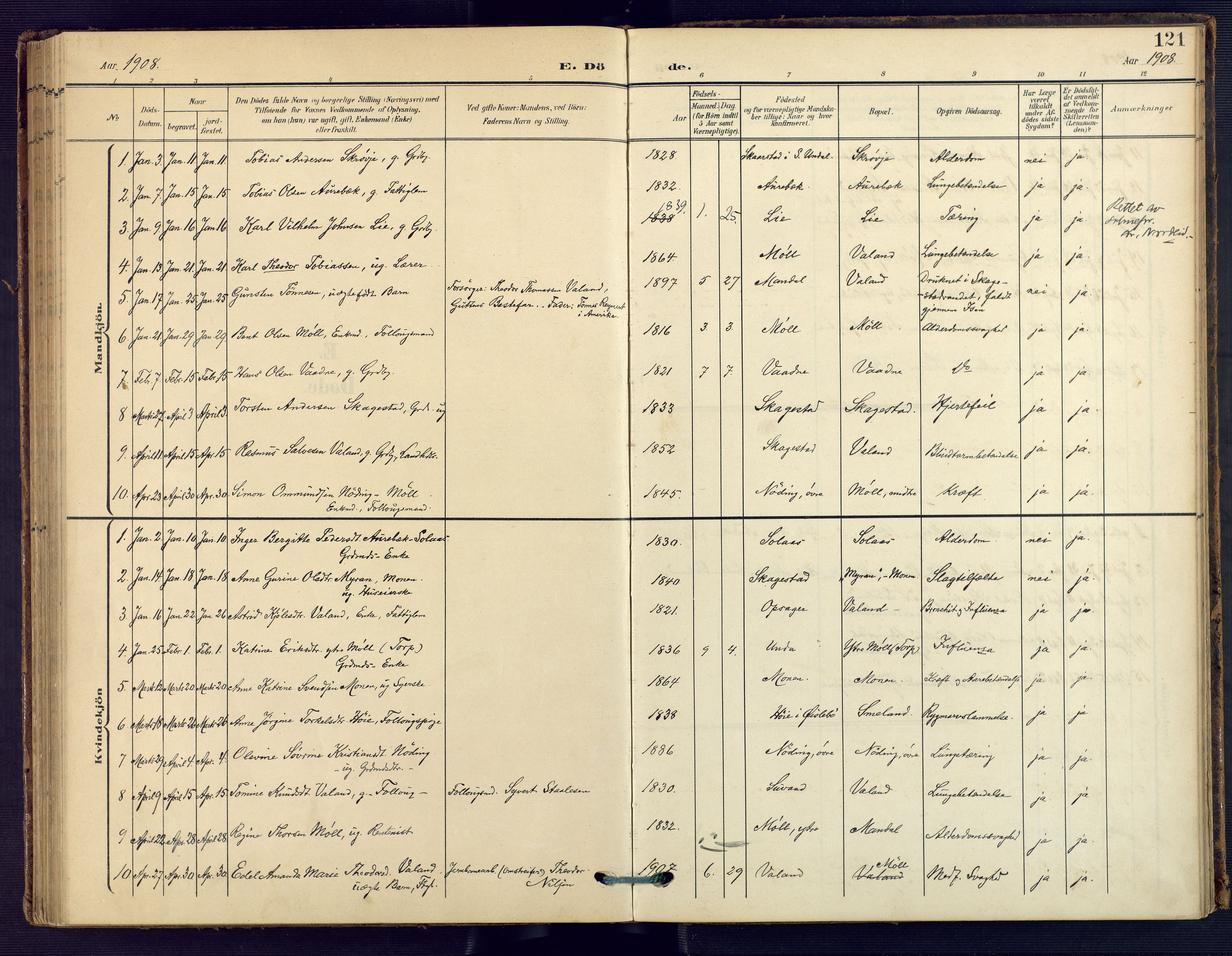 Holum sokneprestkontor, SAK/1111-0022/F/Fa/Faa/L0008: Parish register (official) no. A 8, 1908-1929, p. 121