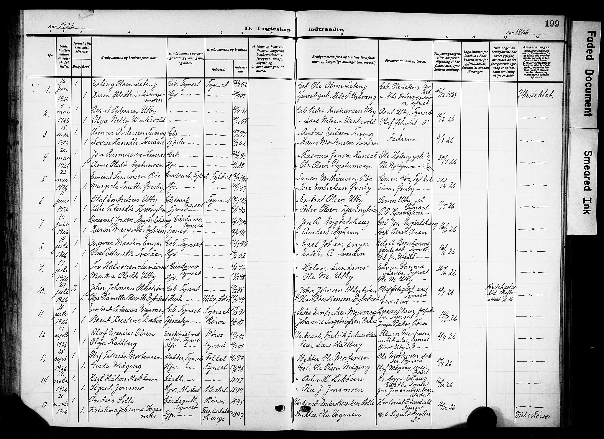 Tynset prestekontor, SAH/PREST-058/H/Ha/Hab/L0011: Parish register (copy) no. 11, 1915-1930, p. 199