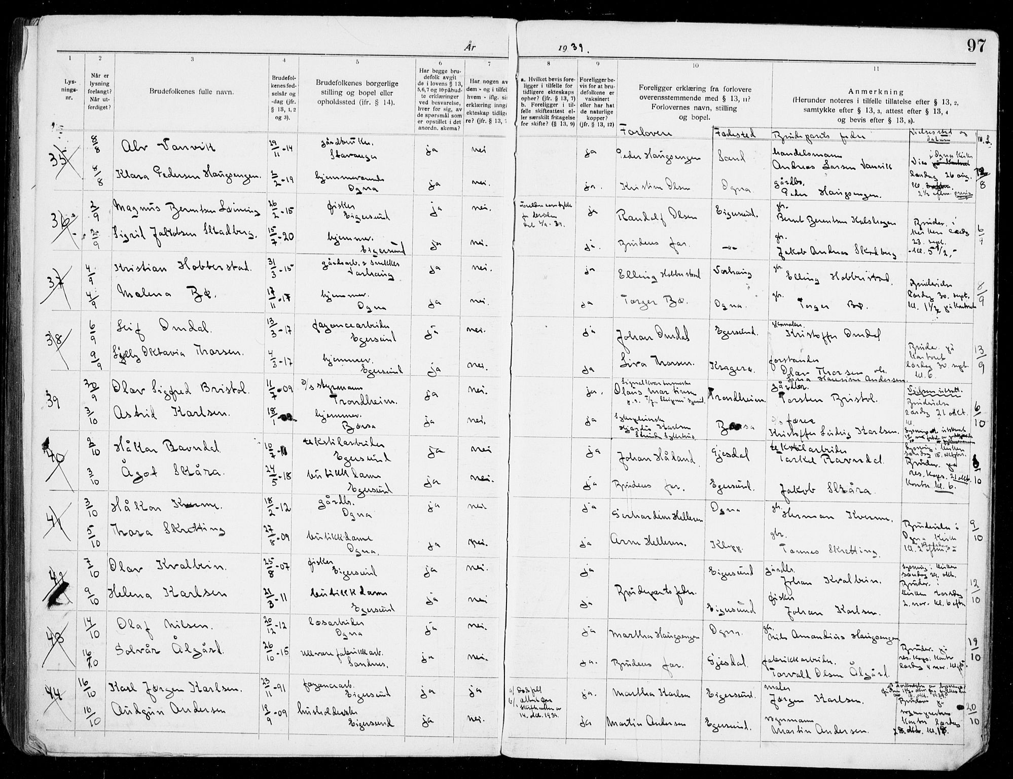 Eigersund sokneprestkontor, AV/SAST-A-101807/S27/L0003: Banns register no. 3, 1919-1939, p. 97