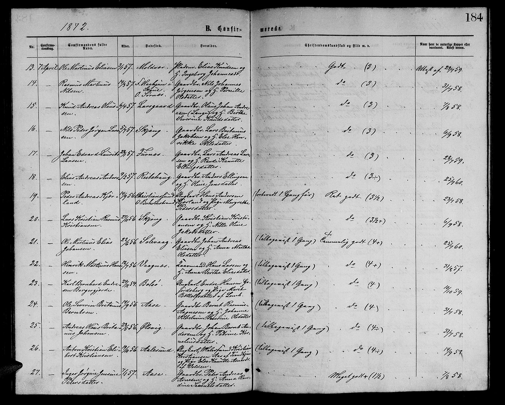 Ministerialprotokoller, klokkerbøker og fødselsregistre - Møre og Romsdal, AV/SAT-A-1454/528/L0428: Parish register (copy) no. 528C09, 1864-1880, p. 184