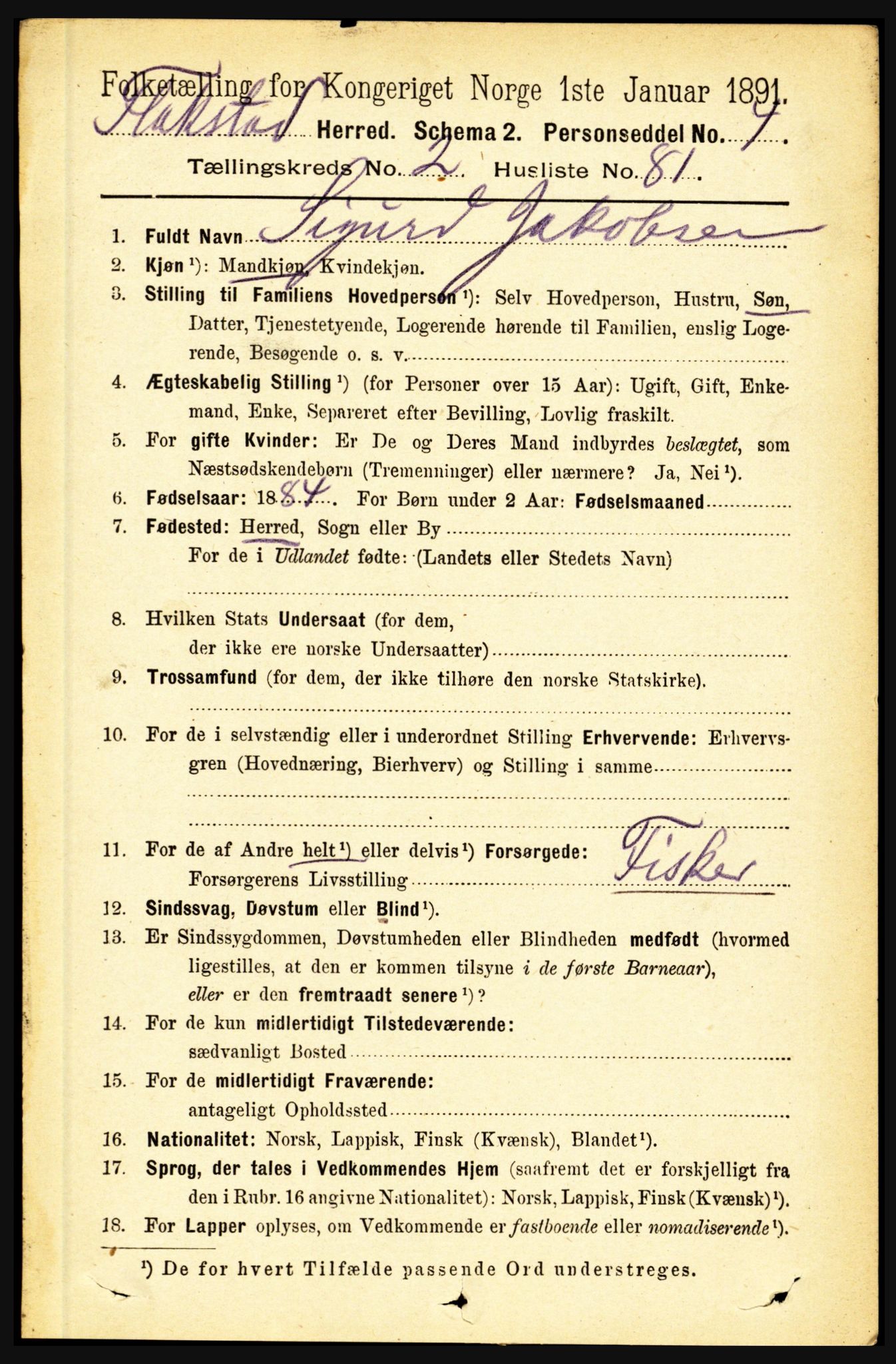 RA, 1891 census for 1859 Flakstad, 1891, p. 1225